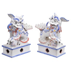 Opposing Pair of Italian Ceramic Glazed Foo Dogs on Bases Manner Ugo Zaccagnini