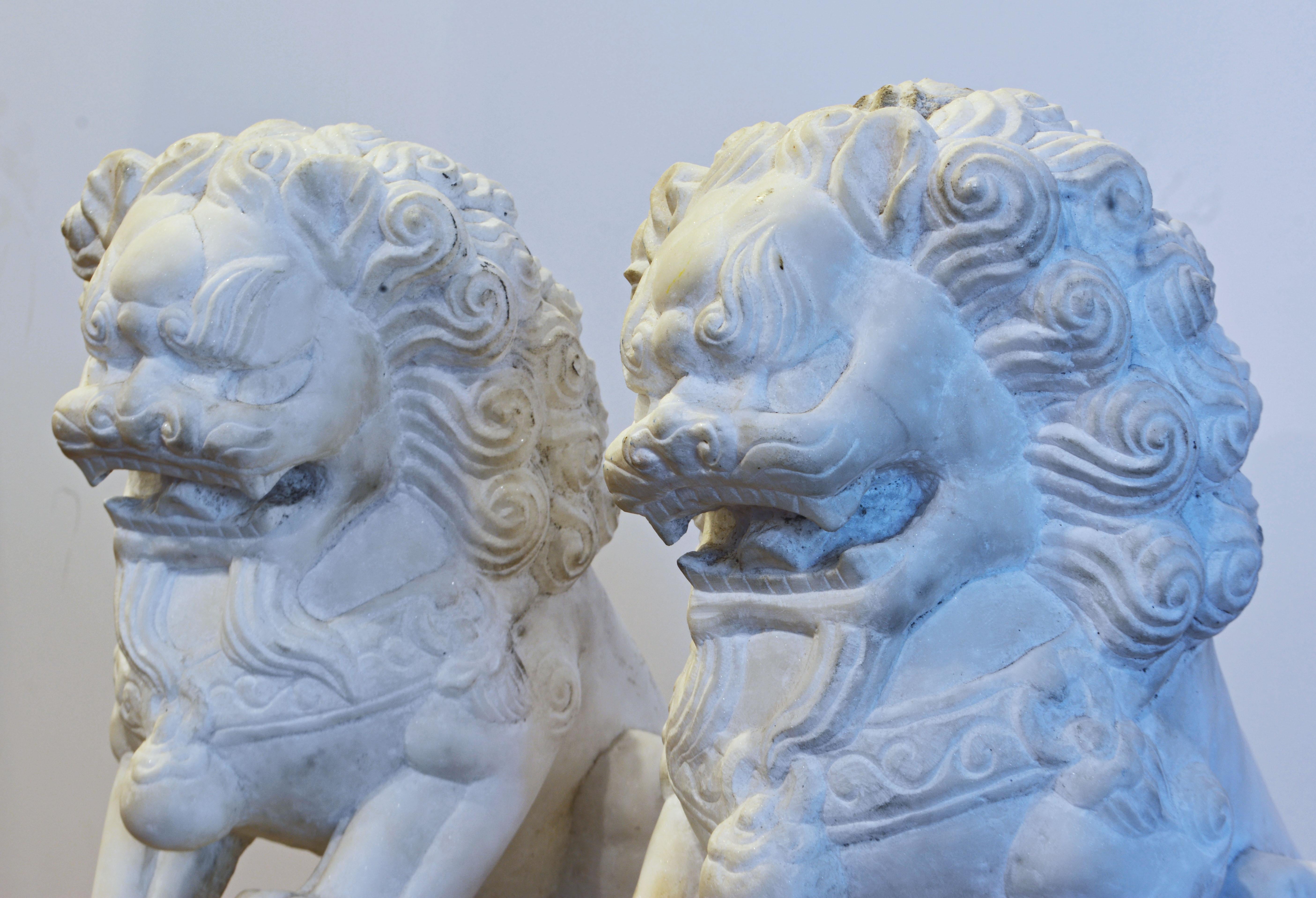 Opposing Pair of Mid-20th Century Chinese Carved Marble Foo Dogs In Good Condition In Ft. Lauderdale, FL