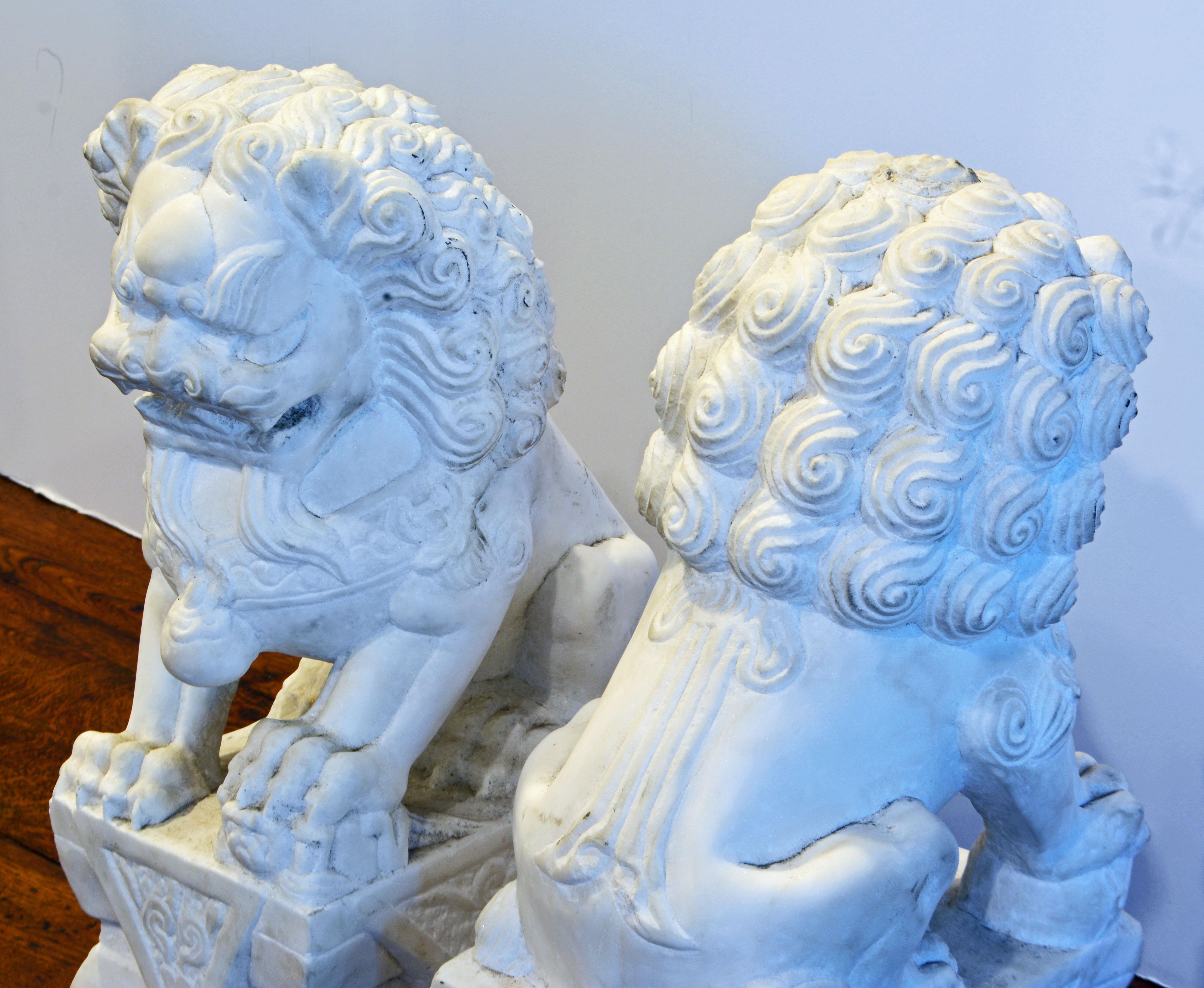 Opposing Pair of Mid-20th Century Chinese Carved Marble Foo Dogs 4