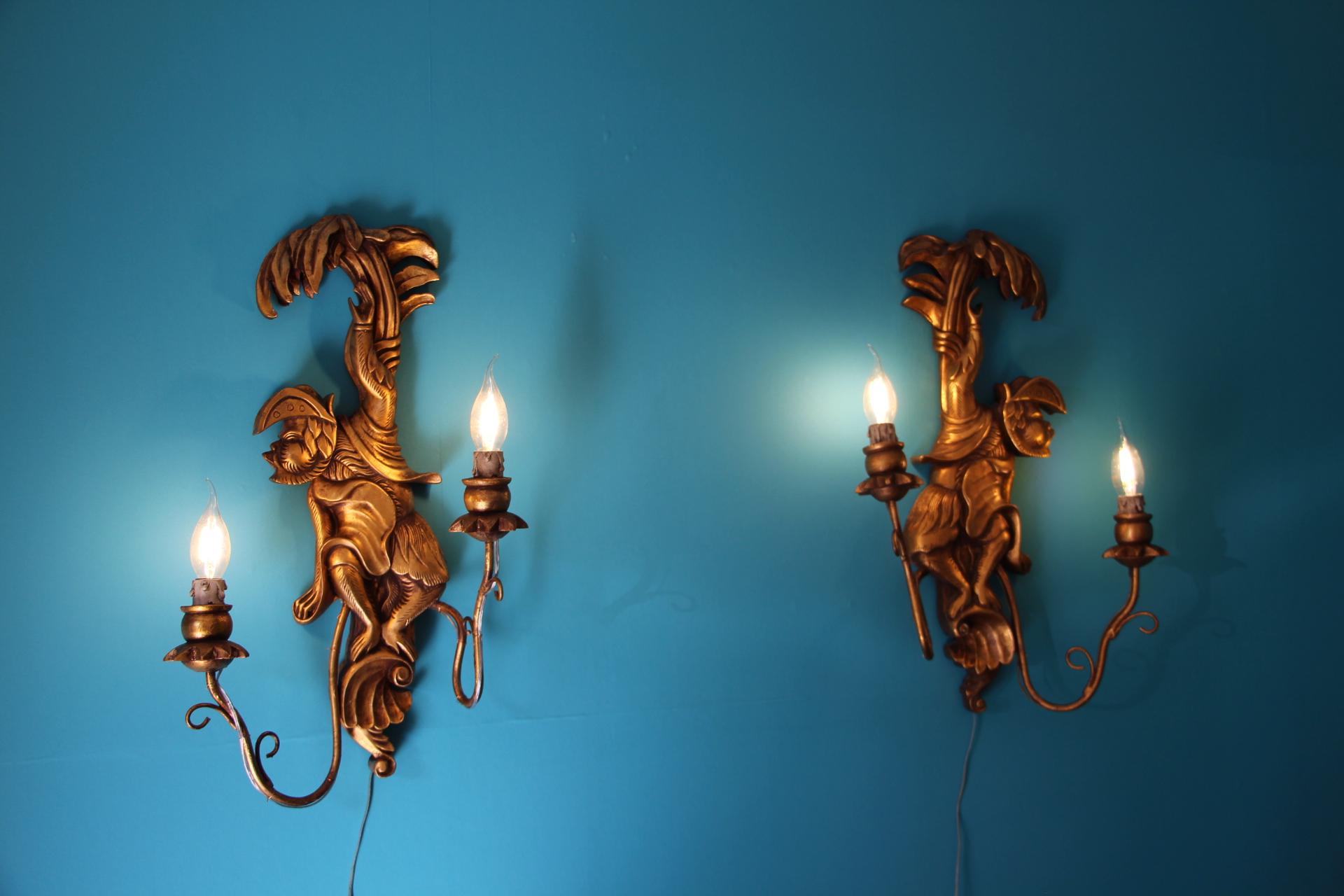 Opposing Pair of Wood Sconces Featuring Monkeys, Animals Decorated Wall Lights For Sale 3