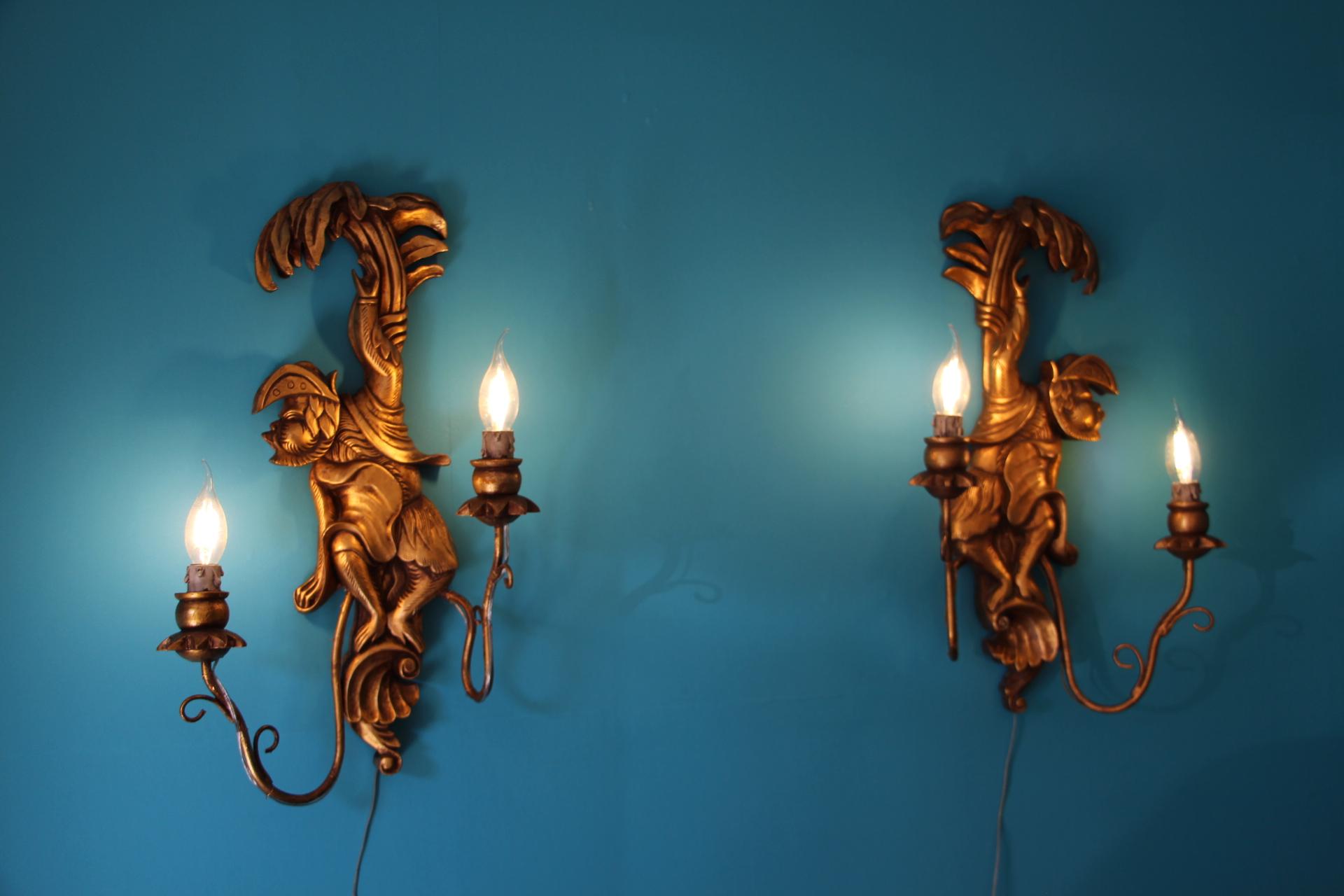 Opposing Pair of Wood Sconces Featuring Monkeys, Animals Decorated Wall Lights For Sale 4