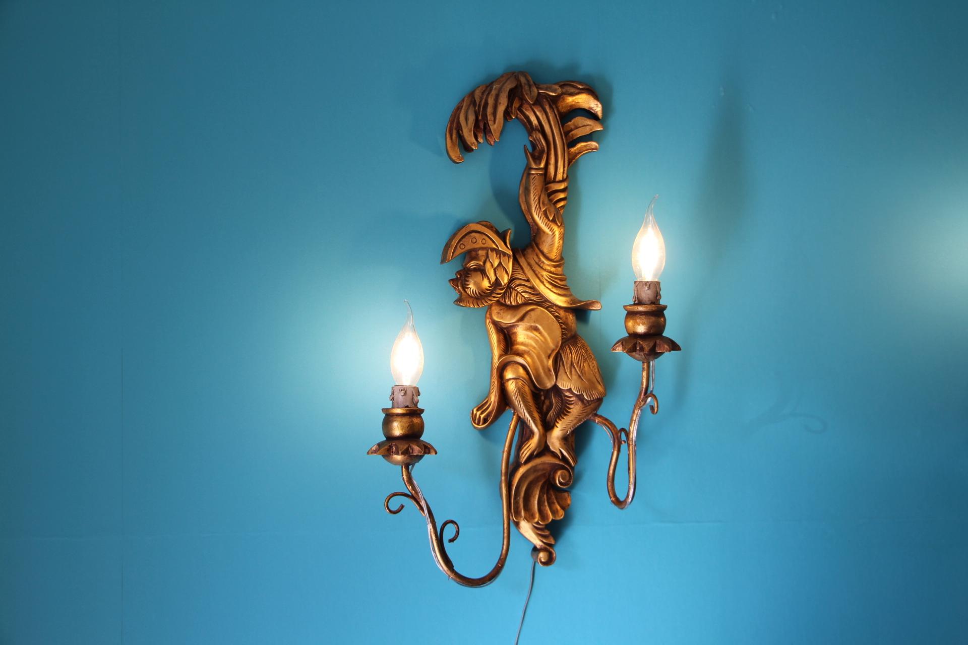 Opposing Pair of Wood Sconces Featuring Monkeys, Animals Decorated Wall Lights For Sale 5