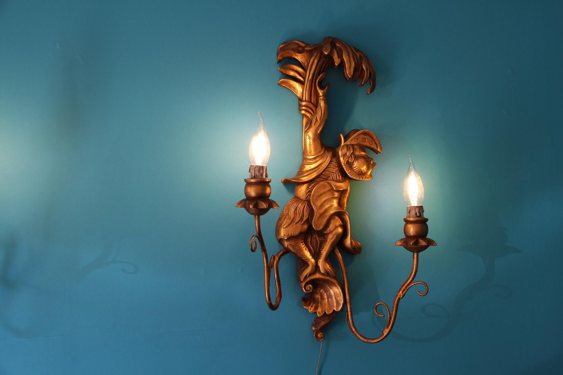 Opposing Pair of Wood Sconces Featuring Monkeys, Animals Decorated Wall Lights For Sale 6