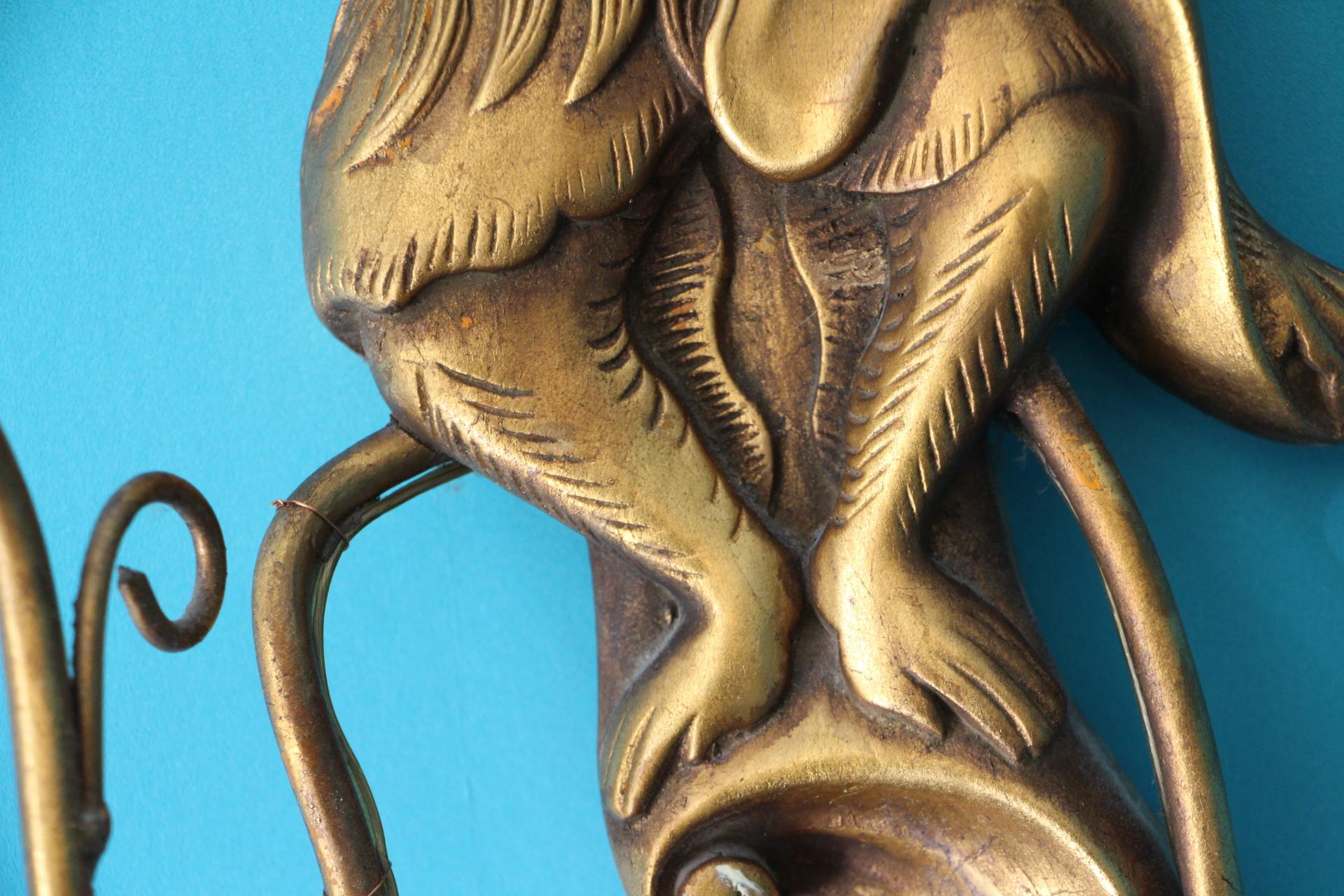Late 20th Century Opposing Pair of Wood Sconces Featuring Monkeys, Animals Decorated Wall Lights