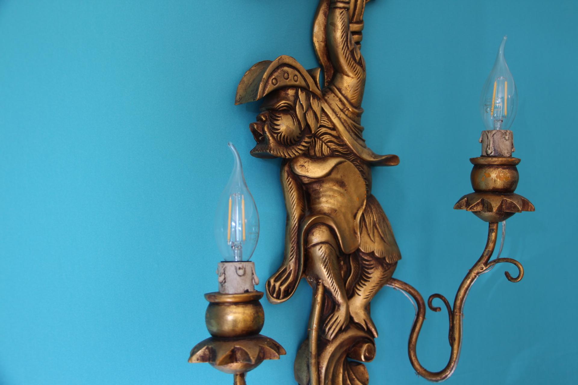 Opposing Pair of Wood Sconces Featuring Monkeys, Animals Decorated Wall Lights For Sale 2