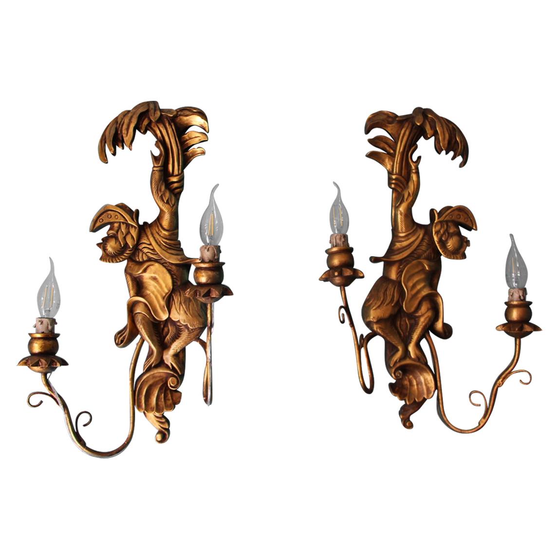 Opposing Pair of Wood Sconces Featuring Monkeys, Animals Decorated Wall Lights For Sale