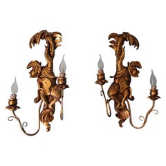 Retro Opposing Pair of Wood Sconces Featuring Monkeys, Animals Decorated Wall Lights