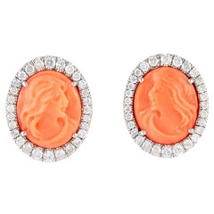 Hand-Carved Peach Coral Cameo & Diamond Studs in 18KT Gold