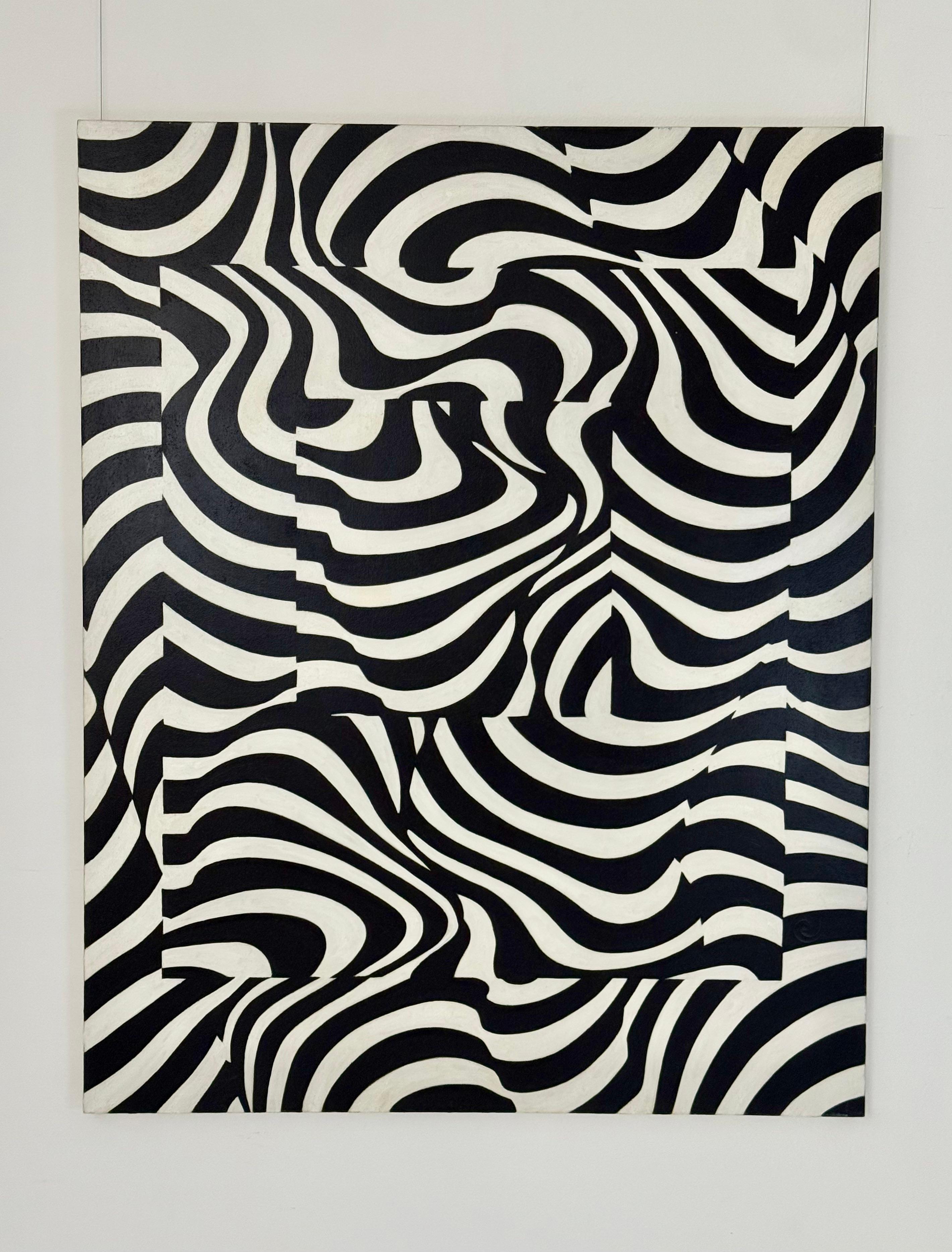 Dieses Gemälde von James Massena March (1953-2021) in Acryl auf Leinwand ist ein eindrucksvolles Beispiel für die amerikanische Op Art. Es besticht durch seine rhythmische optische Täuschung und seine kühne Schwarz-Weiß-Komposition. Das mit