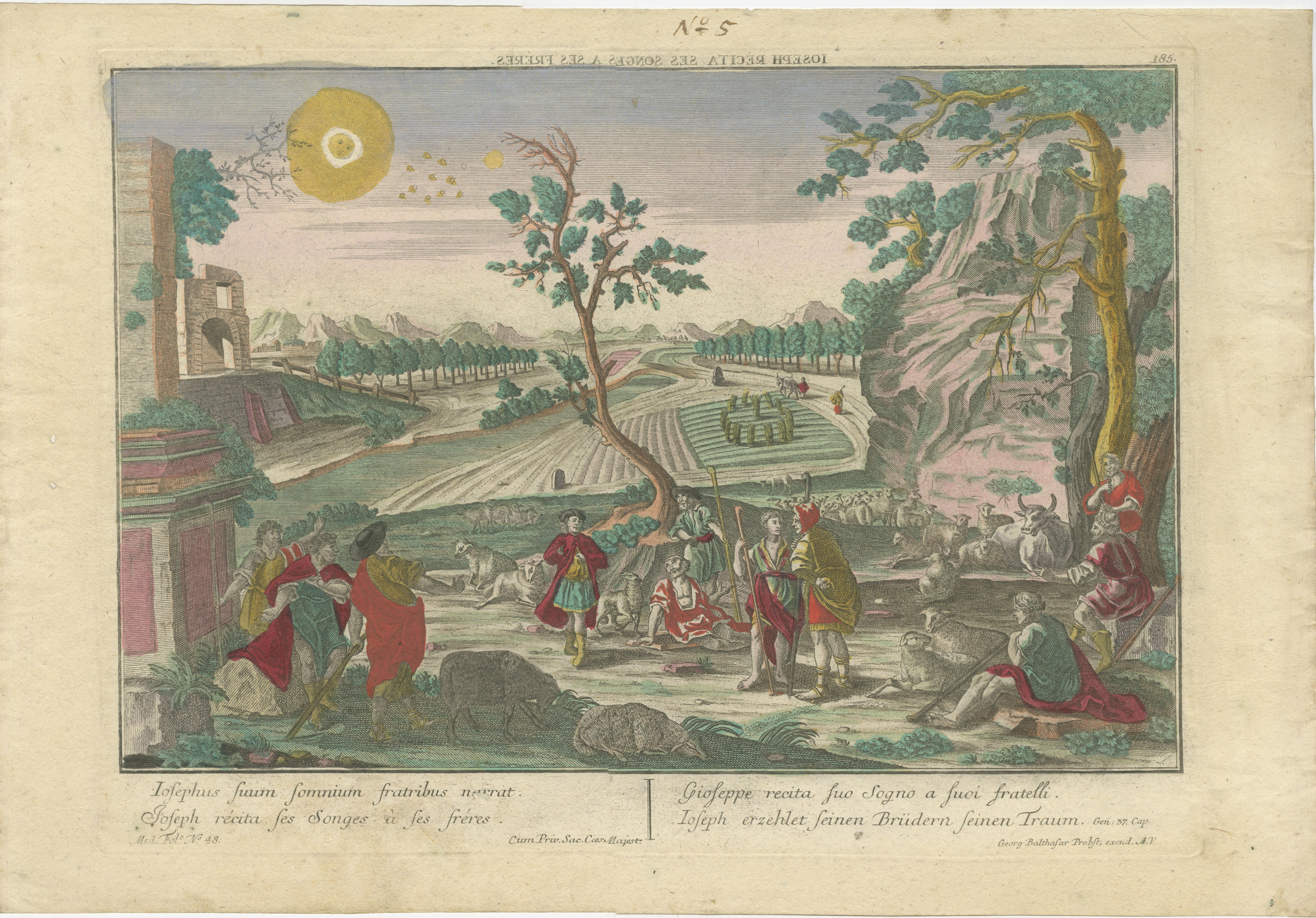 German Optica Print of Joseph Relating His Dream to His Brothers, 1770 – Biblical Scene For Sale