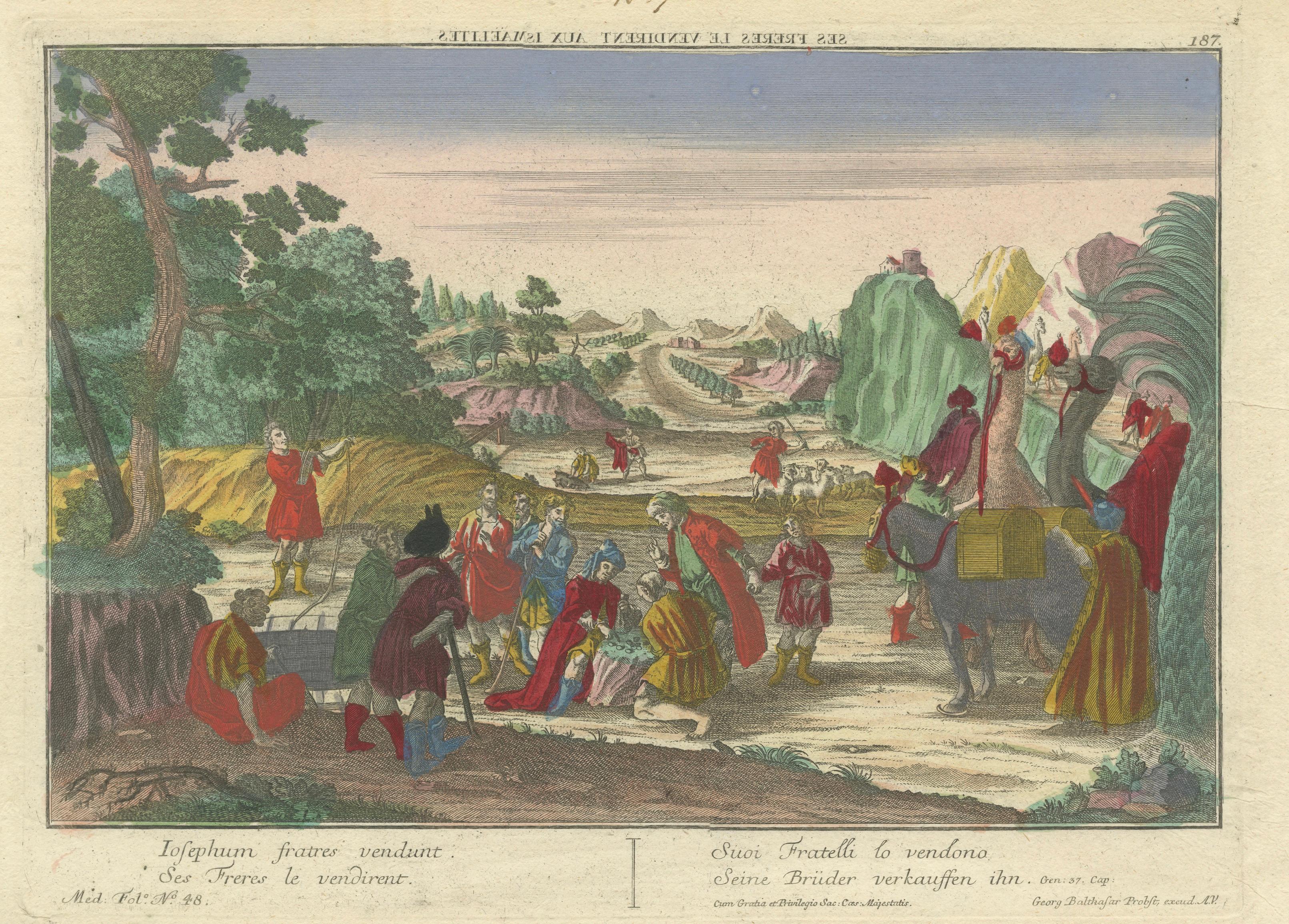Optica Print of Joseph Sold by His Brothers to the Ishmaelites, circa 1770 – Hand-Colored Biblical Engraving

This vibrant hand-colored *vue d’optique*, titled 