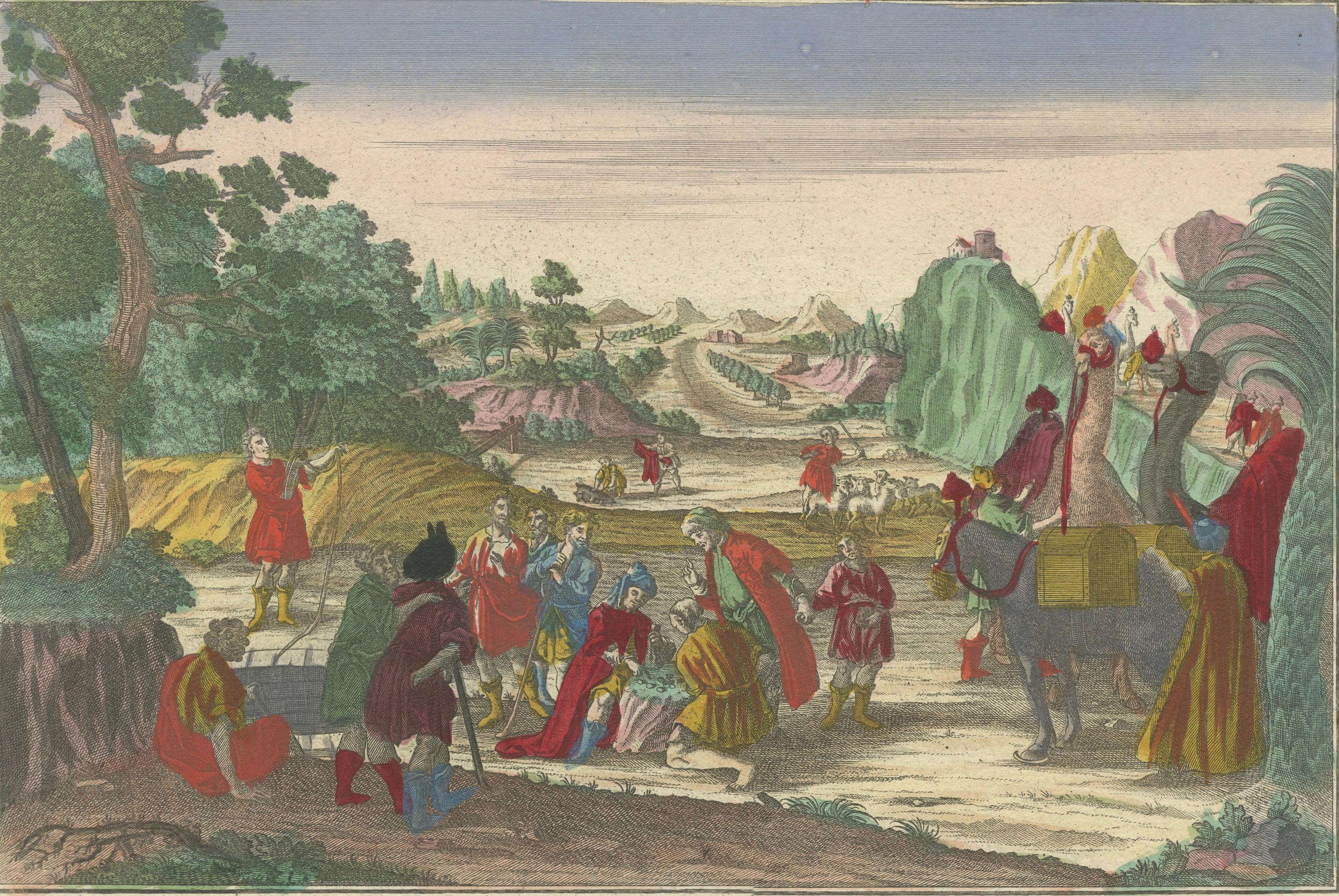 German Optica Print of Joseph Sold by His Brothers to Ishmaelites, 1770 -Biblical Scene For Sale