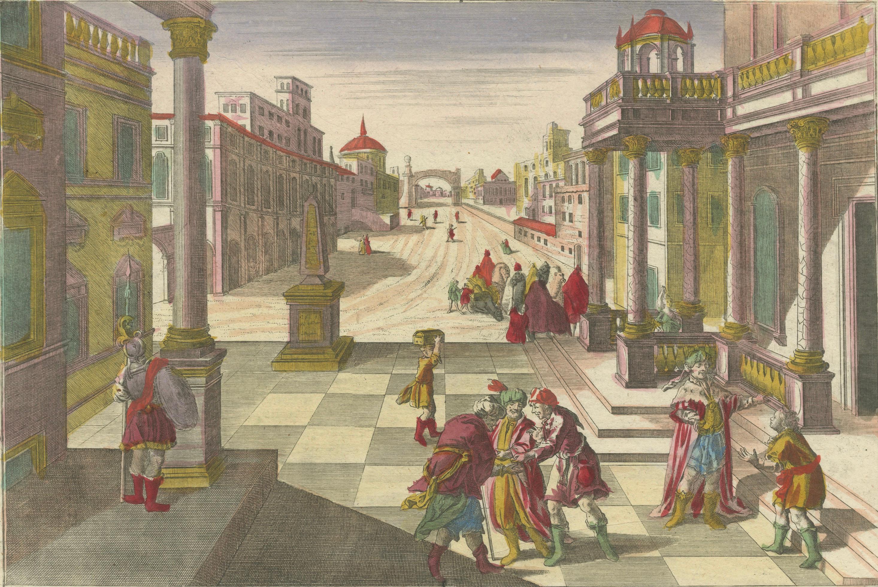 Optica Print of Joseph Sold to Potiphar in Egypt, circa 1770 – Architectural Vue d’Optique by Georg Balthasar Probst

This highly detailed hand-colored *vue d’optique*, titled 