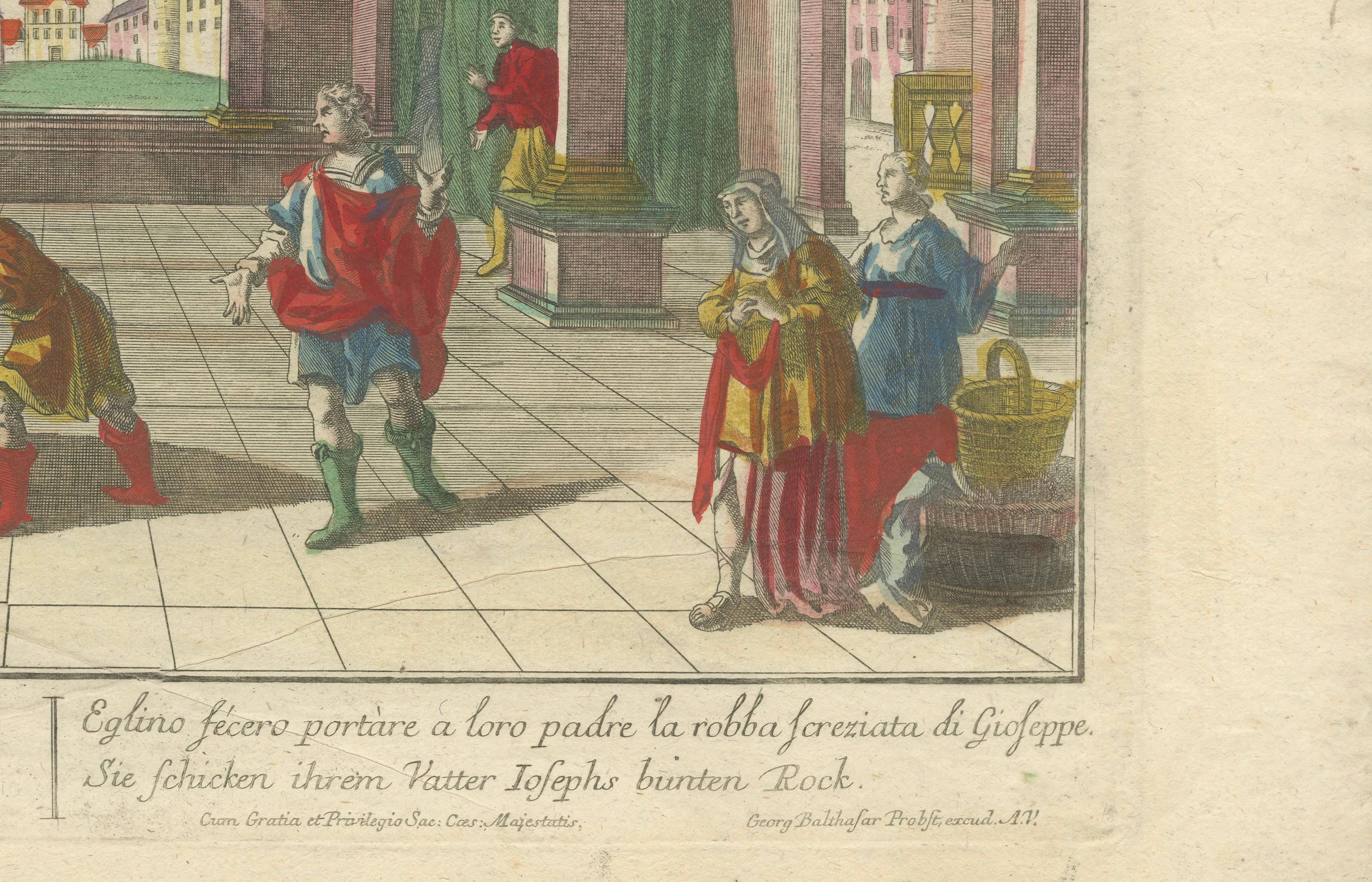 German Optica Print of Joseph's Robe Shown to Jacob, 1770 – Hand-Colored Biblical Scene For Sale