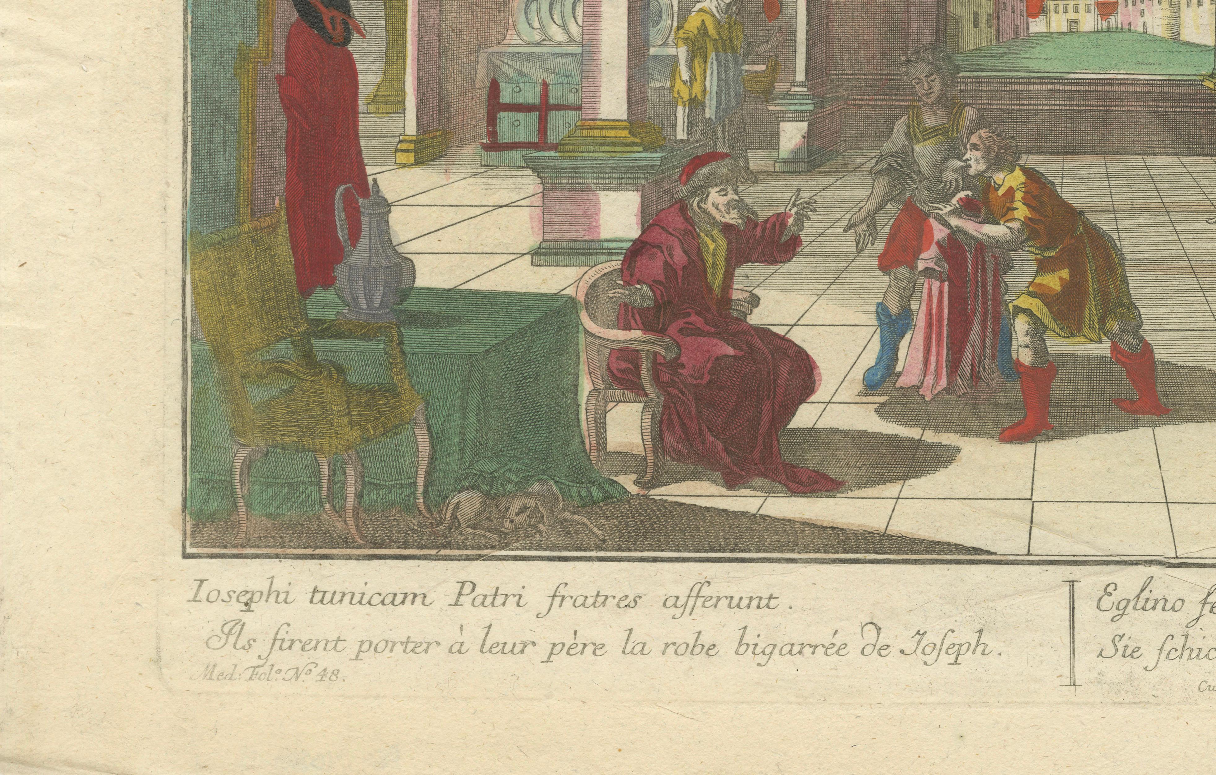 Engraved Optica Print of Joseph's Robe Shown to Jacob, 1770 – Hand-Colored Biblical Scene For Sale