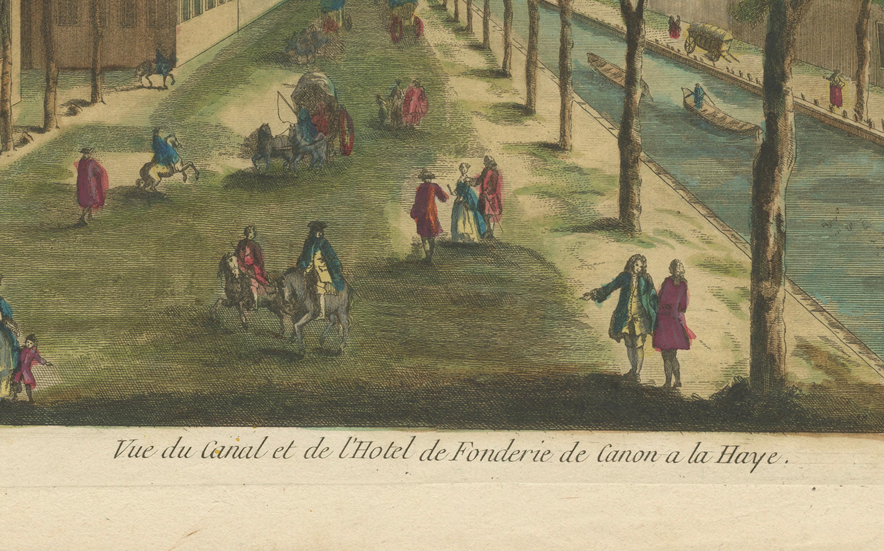 Vista Optica Il canale dell'Aia e la fonderia di cannoni, Basset, 1770 ca.

Si tratta di una stampa ottica finemente incisa e colorata a mano intitolata *Vue du Canal et de l'Hotel de Fonderie de Canon a la Haye*, pubblicata da Basset, Rue St
