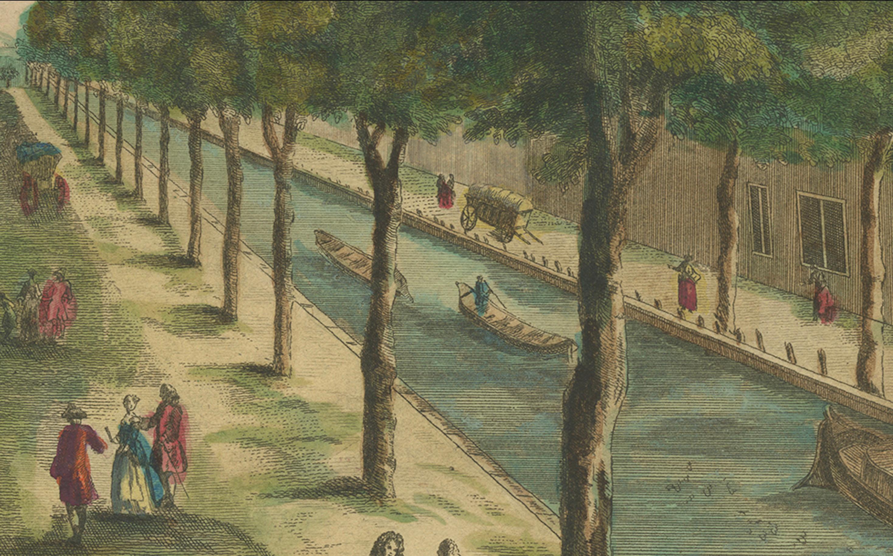 Stampa Optica - Il canale dell'Aia e la fonderia di cannoni di Basset, 1770 ca. In condizioni buone in vendita a Langweer, NL