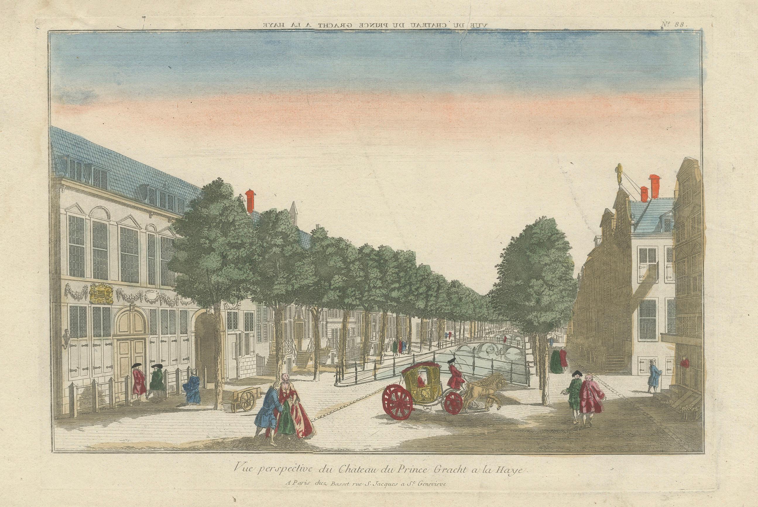 Optica Druck - Den Haag Prinsegracht, Basset um 1770, handkoloriert im Angebot 3