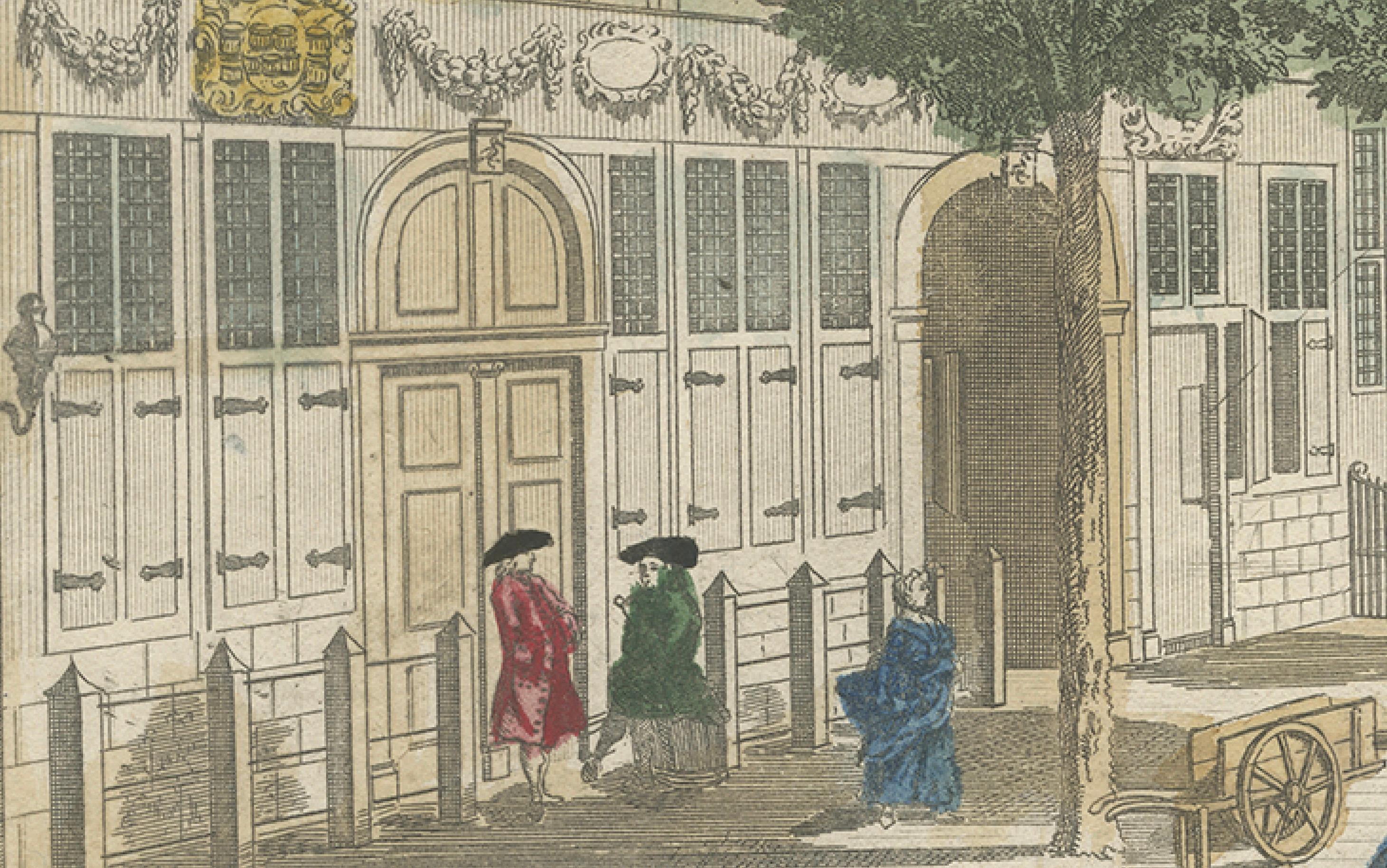 Optica-Ansicht Den Haag Prinsegracht, Basset um 1770 Handkolorierter Kupferstich

Dies ist ein wunderschön gestochener und handkolorierter optischer Druck mit dem Titel *Vue perspective du Chateau du Prince Gracht a la Haye*, veröffentlicht von