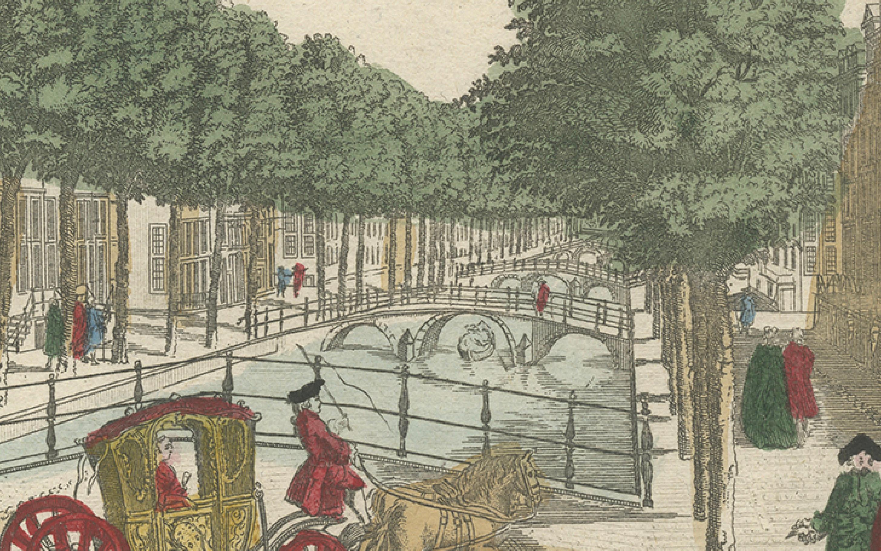 Optica Druck - Den Haag Prinsegracht, Basset um 1770, handkoloriert (Graviert) im Angebot