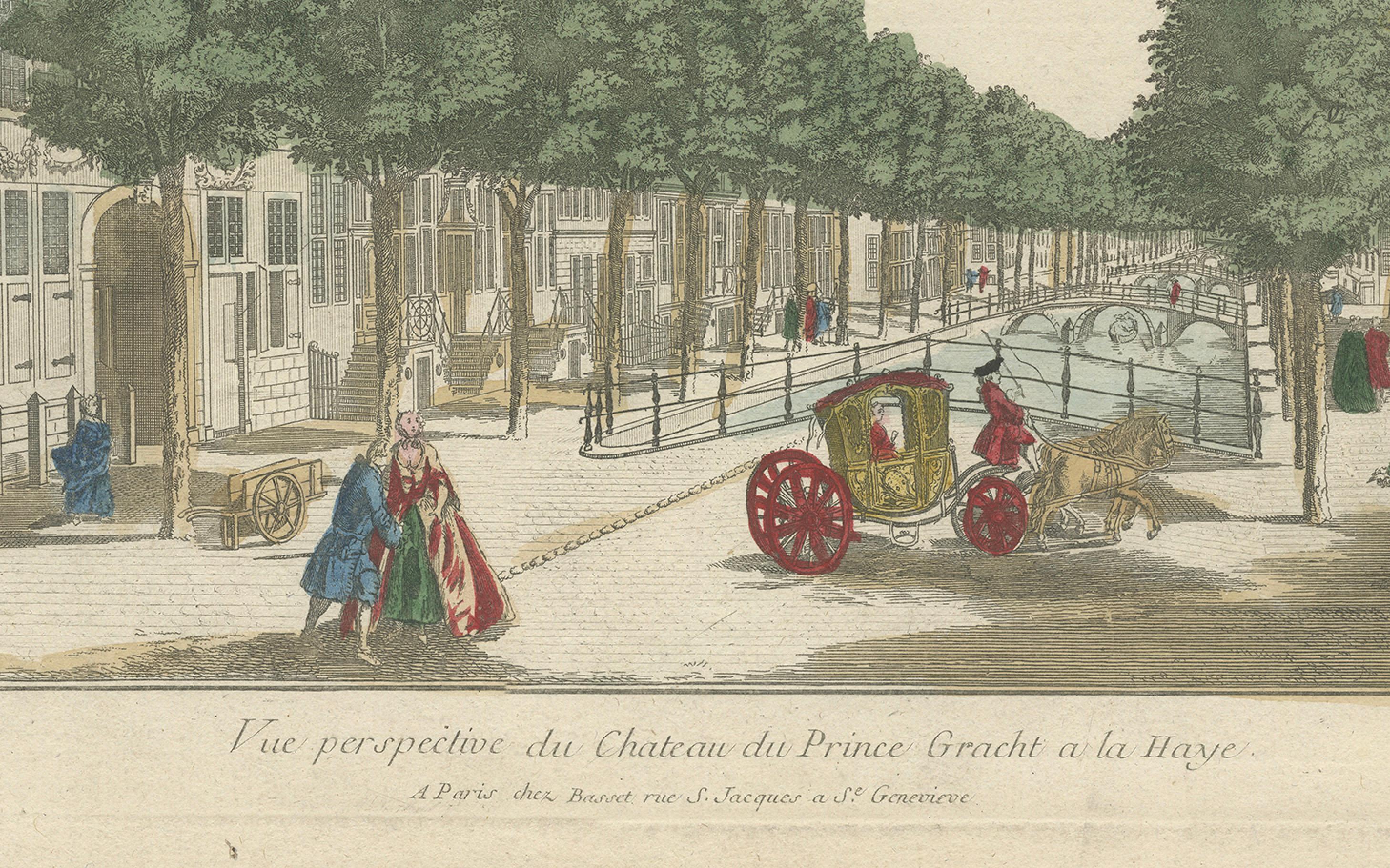 Optica Druck - Den Haag Prinsegracht, Basset um 1770, handkoloriert (Spätes 18. Jahrhundert) im Angebot