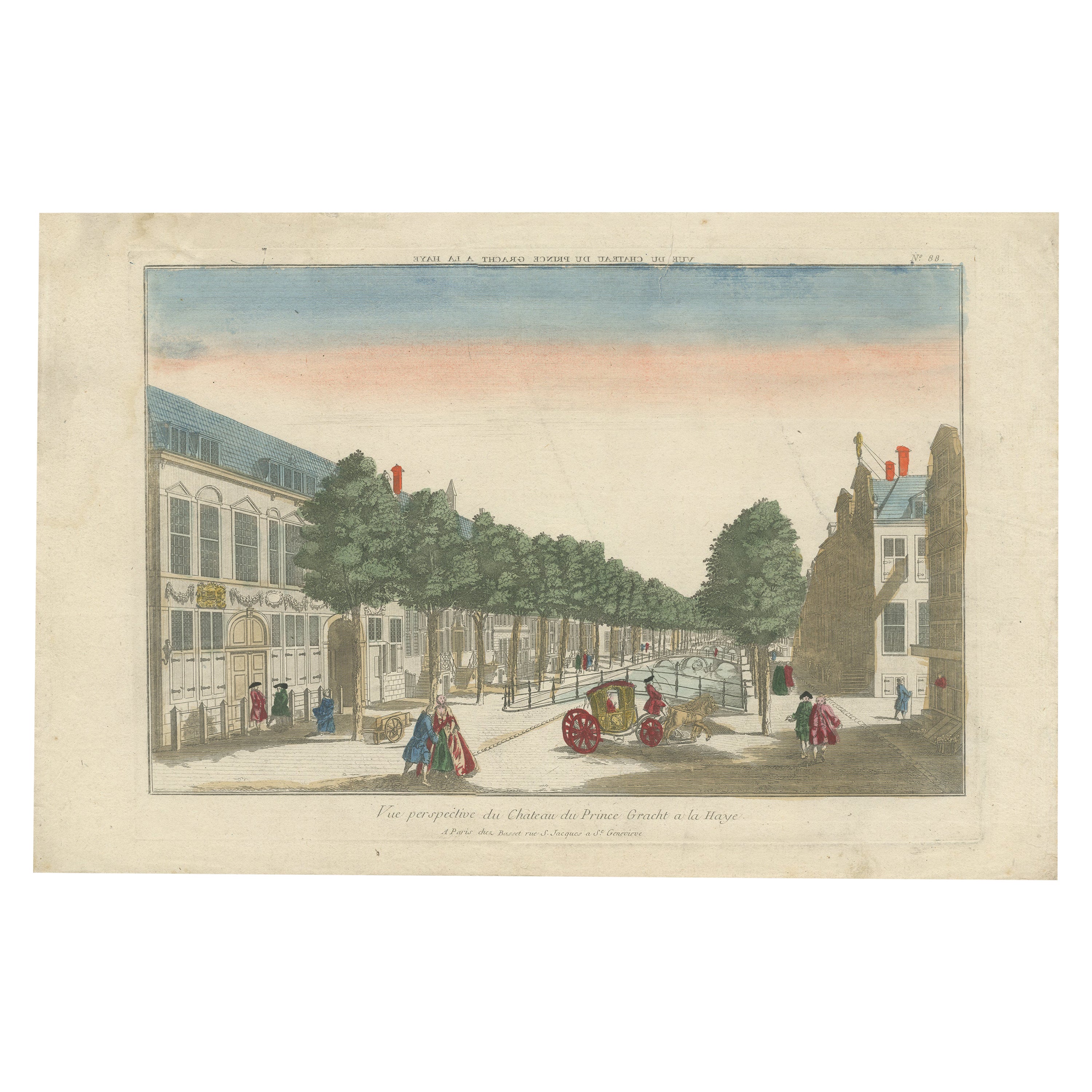 Gravure optique - La Haye Prinsegracht, Basset c.1770, coloriée à la main