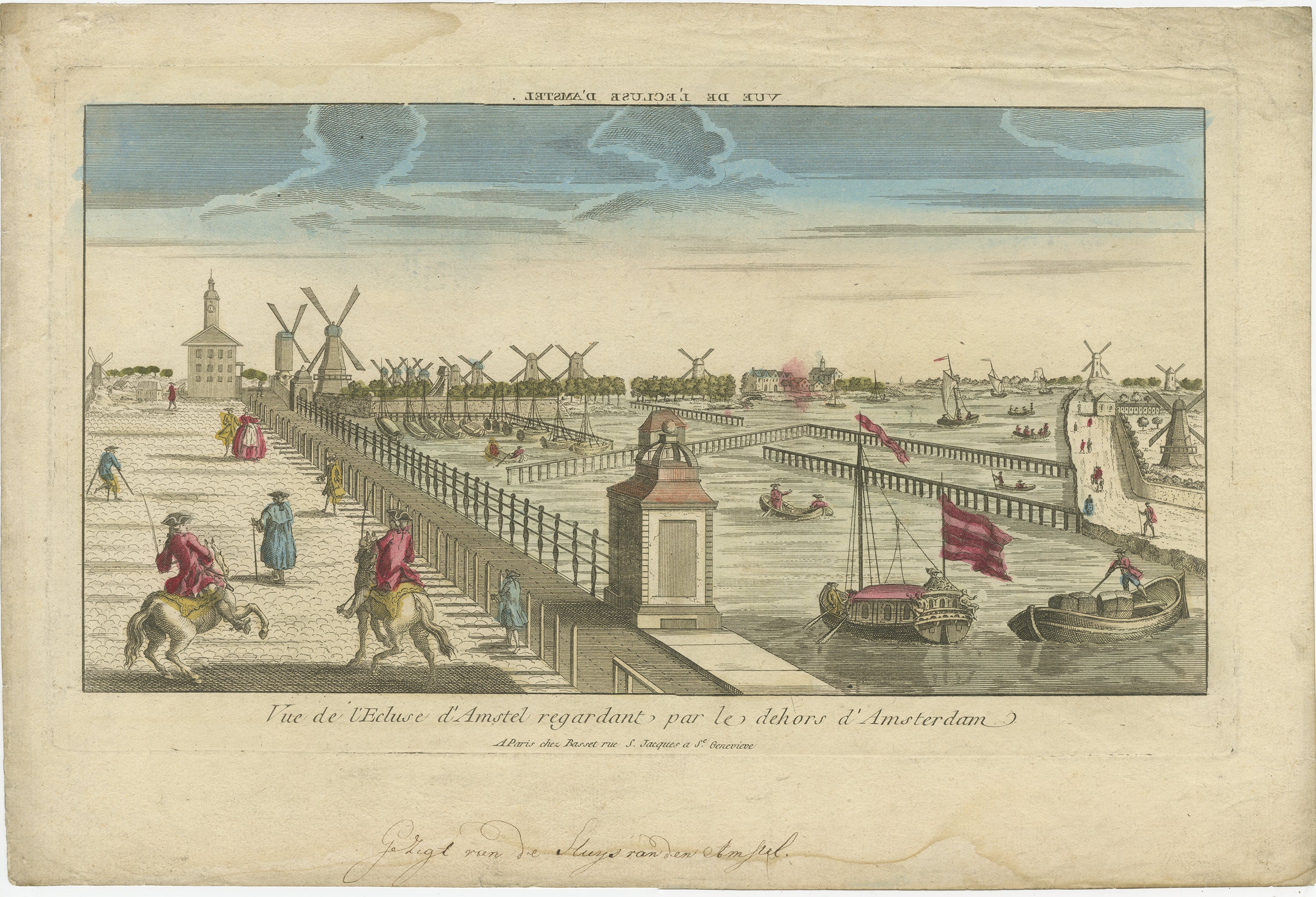 Vue optique Amsterdam Hogesluis & Amstel Locks, Basset Paris c.1770

Il s'agit d'une vue optique finement gravée et colorée à la main intitulée Vue de l'ecluse d'Amstel regardant par le dehors d'Amsterdam, publiée à Paris par Basset vers 1770.