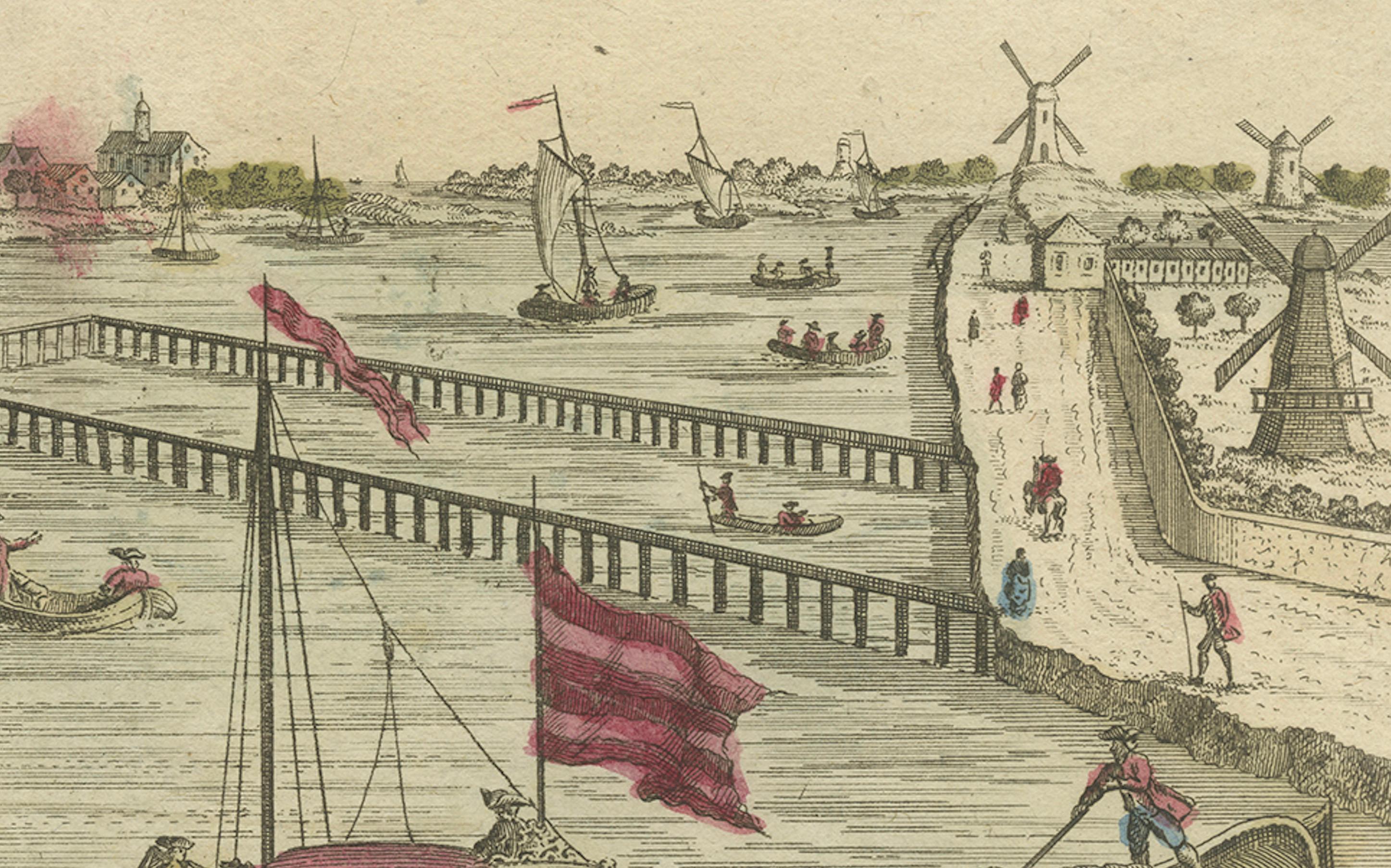 Gravé Vue optique Amsterdam Hogesluis & Amstel Locks, Basset Paris c.1770 en vente
