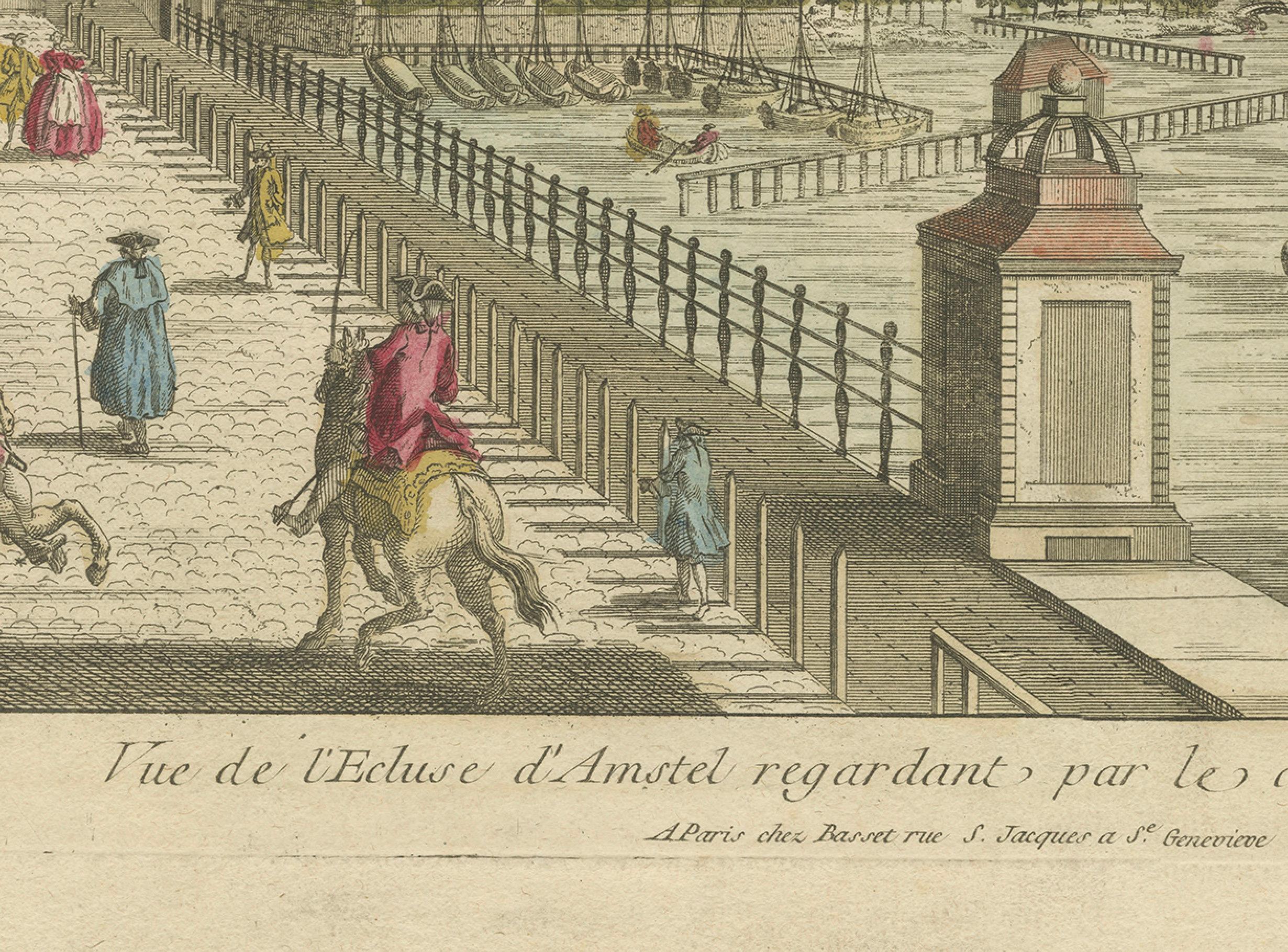 Fin du XVIIIe siècle Vue optique Amsterdam Hogesluis & Amstel Locks, Basset Paris c.1770 en vente