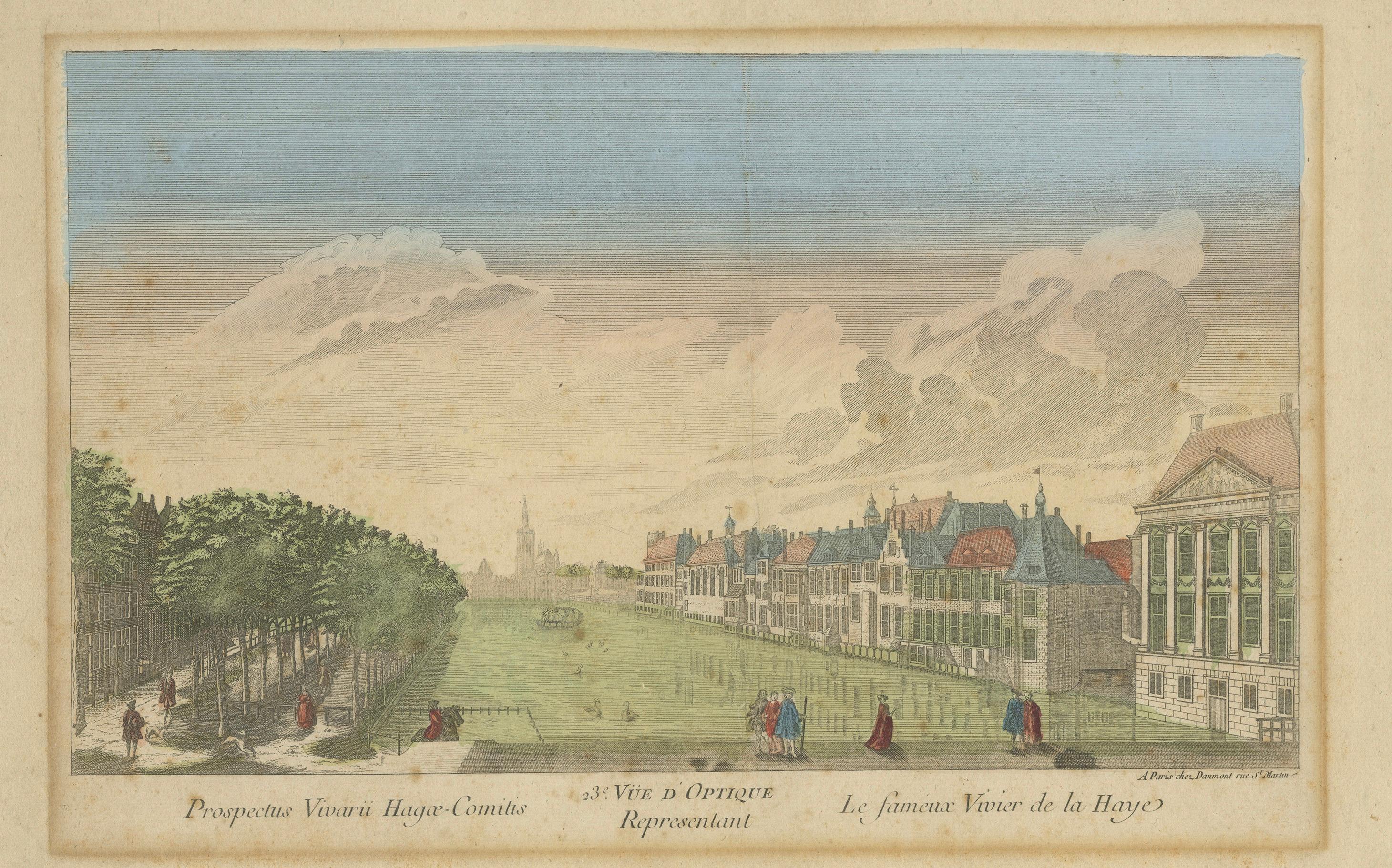 Optica View The Hague Hofvijver & Binnenhof, Basset c.1770 Hand-Colored Print

This is a fine hand-colored optical print titled *Le fameux Vivier de la Haye*, also captioned in Latin *Prospectus Vivari Hagae-Comitis*. It depicts a wide perspective
