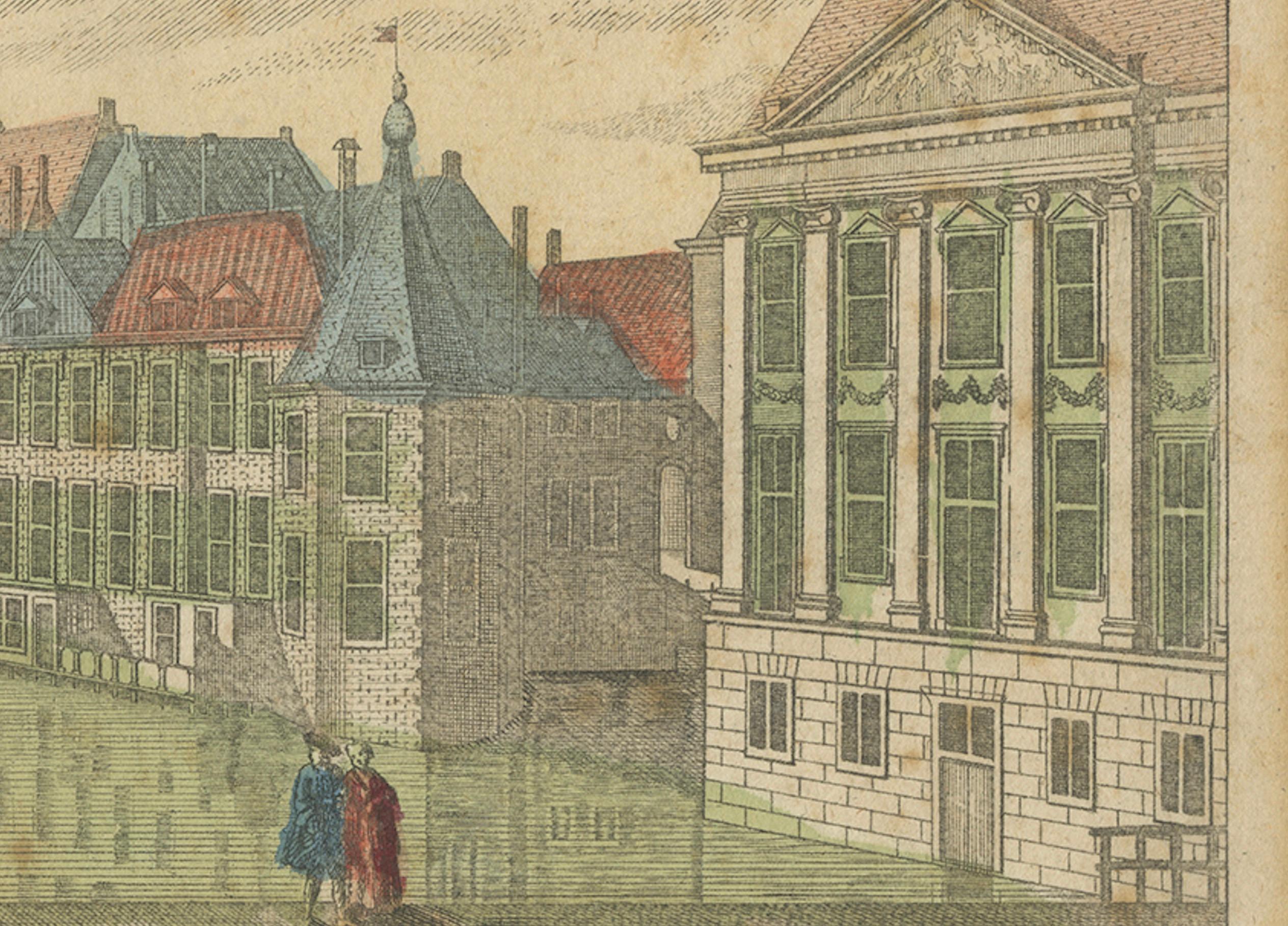 Optica View The Hague Hofvijver & Binnenhof, Basset c.1770 Hand-Colored Print In Good Condition For Sale In Langweer, NL