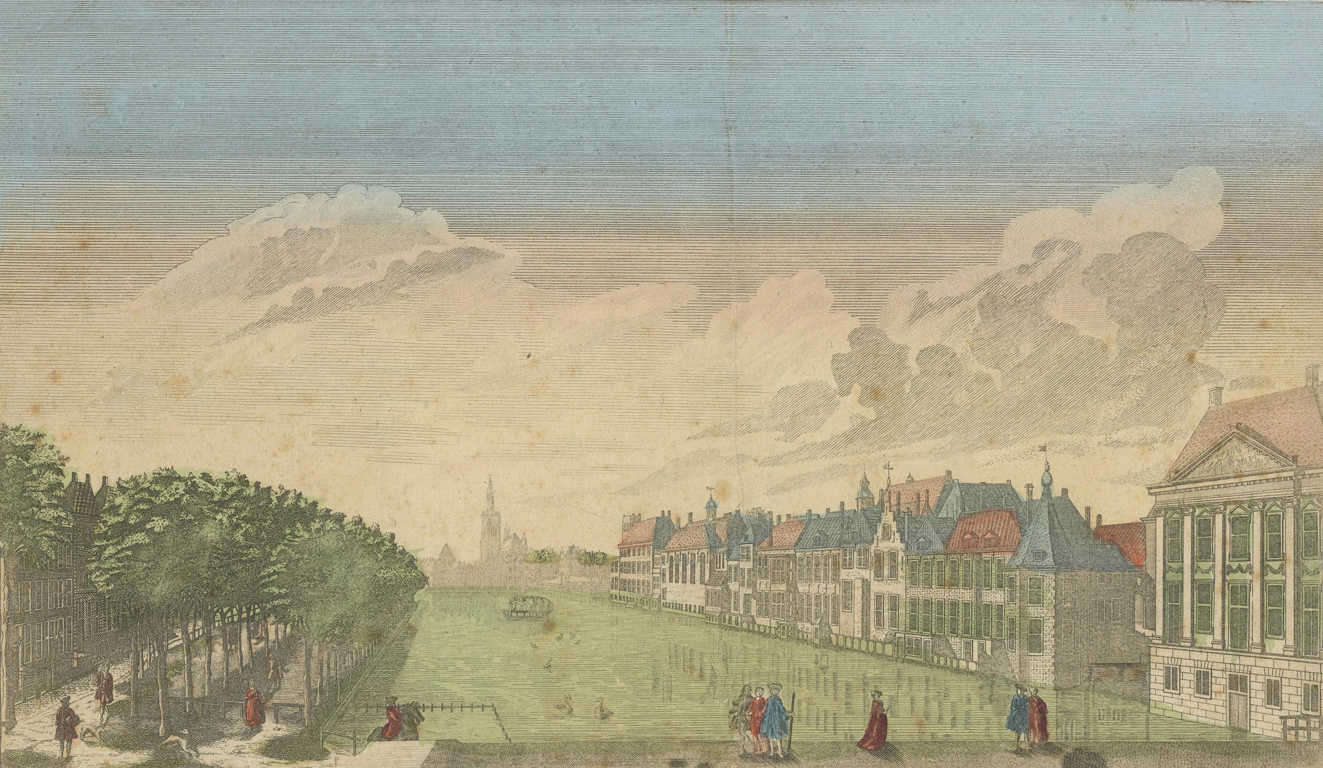 Late 18th Century Optica View The Hague Hofvijver & Binnenhof, Basset c.1770 Hand-Colored Print For Sale