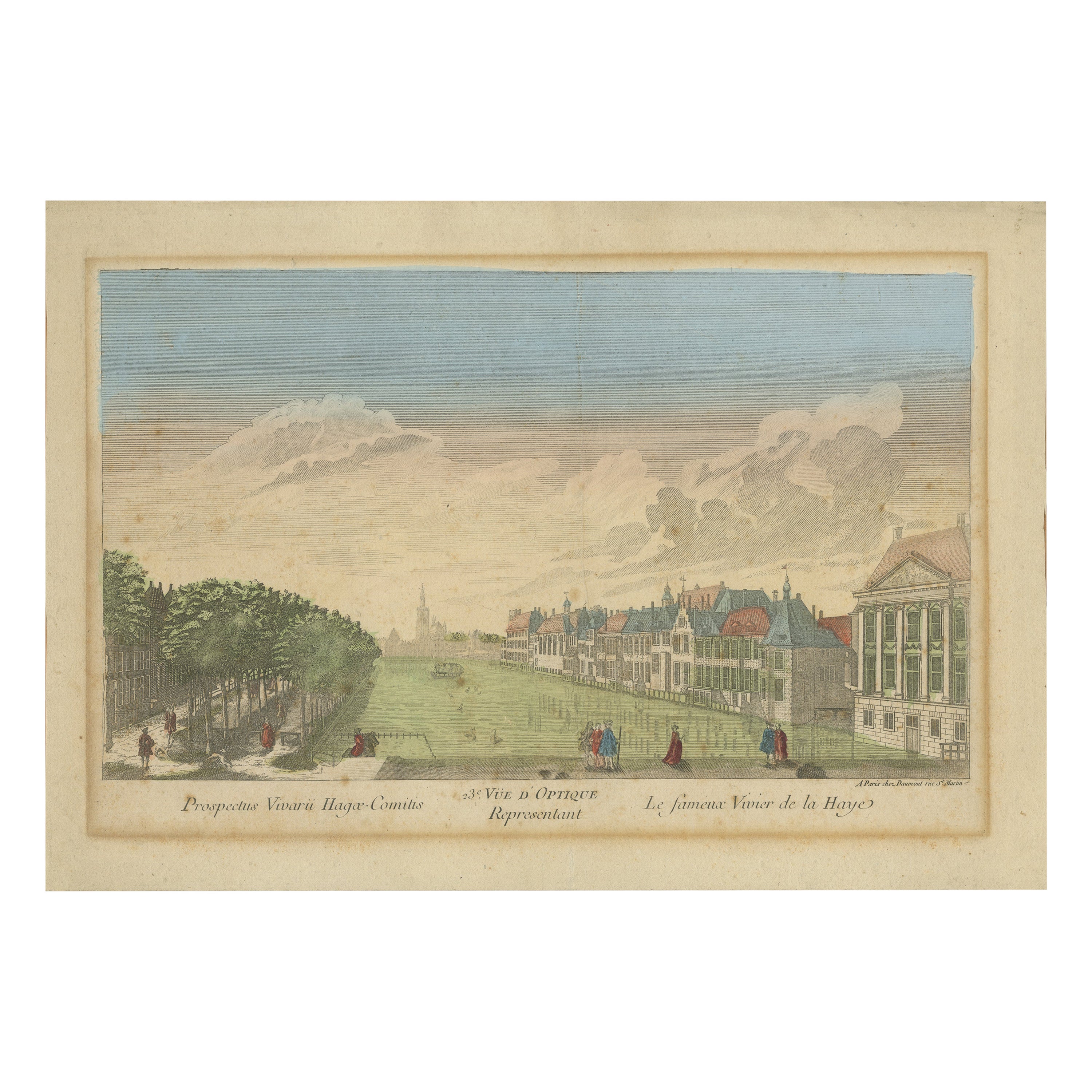 Optica View The Hague Hofvijver & Binnenhof, Basset c.1770 Gravure coloriée à la main
