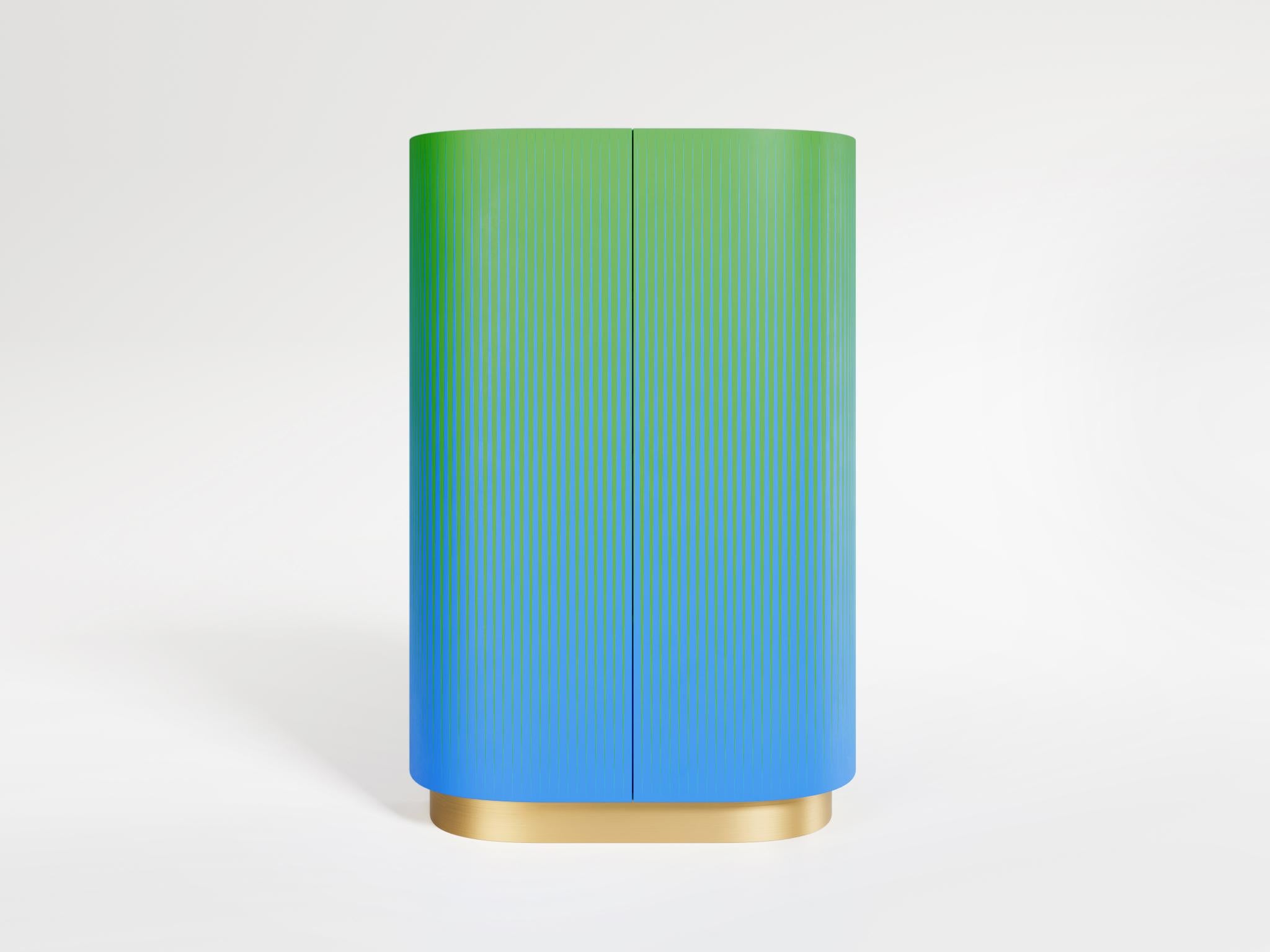 Opticabinet by Lisa Brustolin
Dimensions: W 124 x D 35 x H 184 cm
Materials: Wood, Brass.

Handcrafted in Italy by masters of Venetian craftmenship, this cabinet is an extensive research on the interaction of colors, which is here applied to the