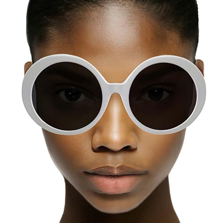 Optical Affairs Series 6556 white acetate sunglasses with dark lenses. Handmade in Austria in 1992. Collector's Item. Rare. Unworn. 
Optical Affairs feminine white - provocative size - sunglasses on men in the 1990’s became the precursor accessory