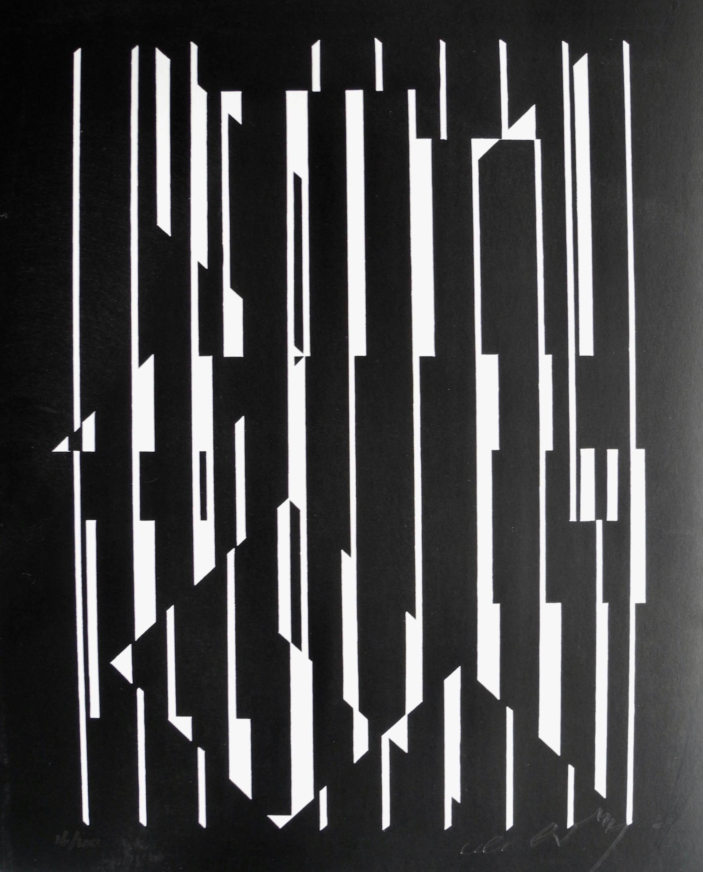 These optical black and white prints come from a portfolio of ten lithographs. All signed and numbered on front. Titles, copyright and date on verso. Sold separately.