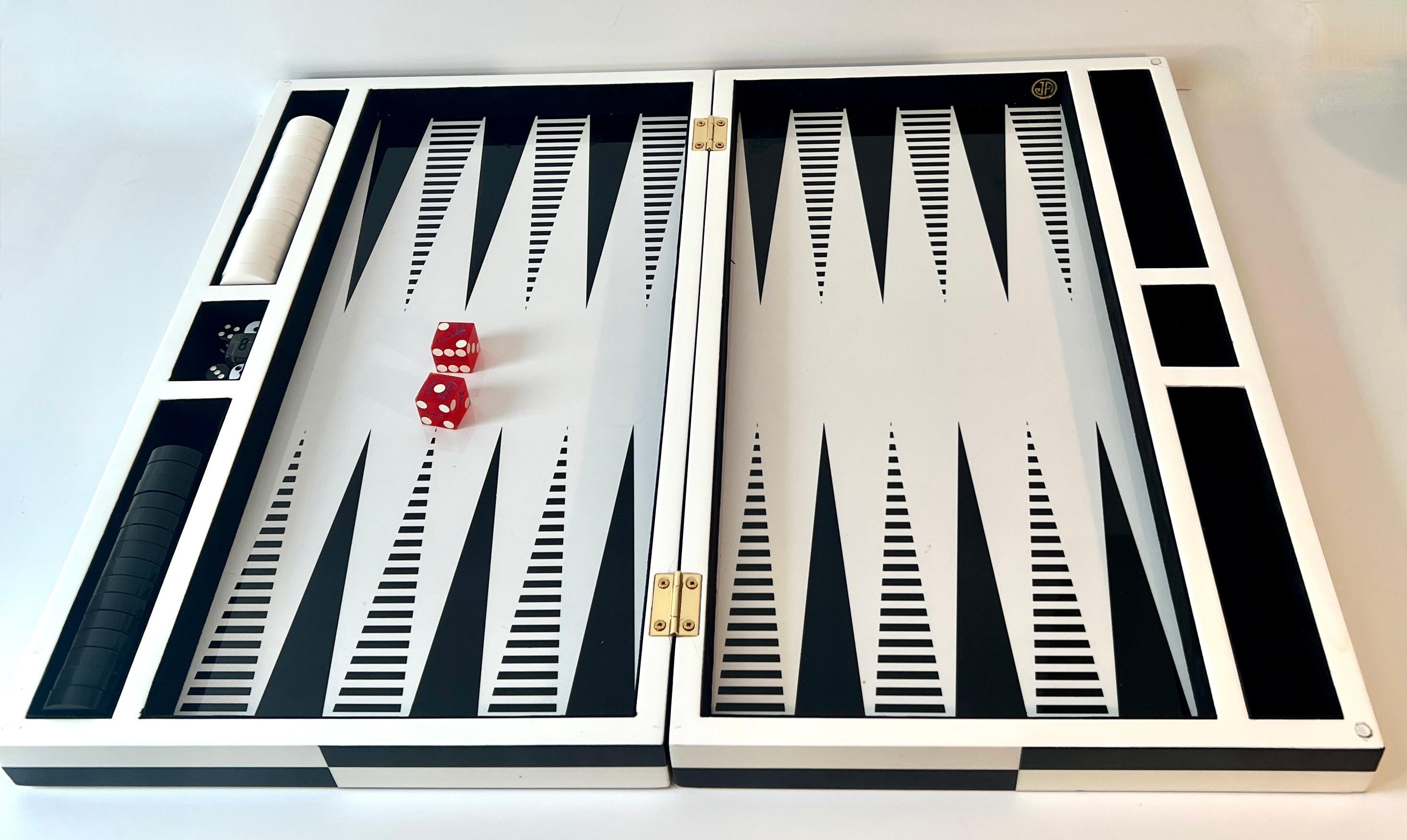 Wood Optical Black and White Lacquer Hinged Backgammon Game For Sale