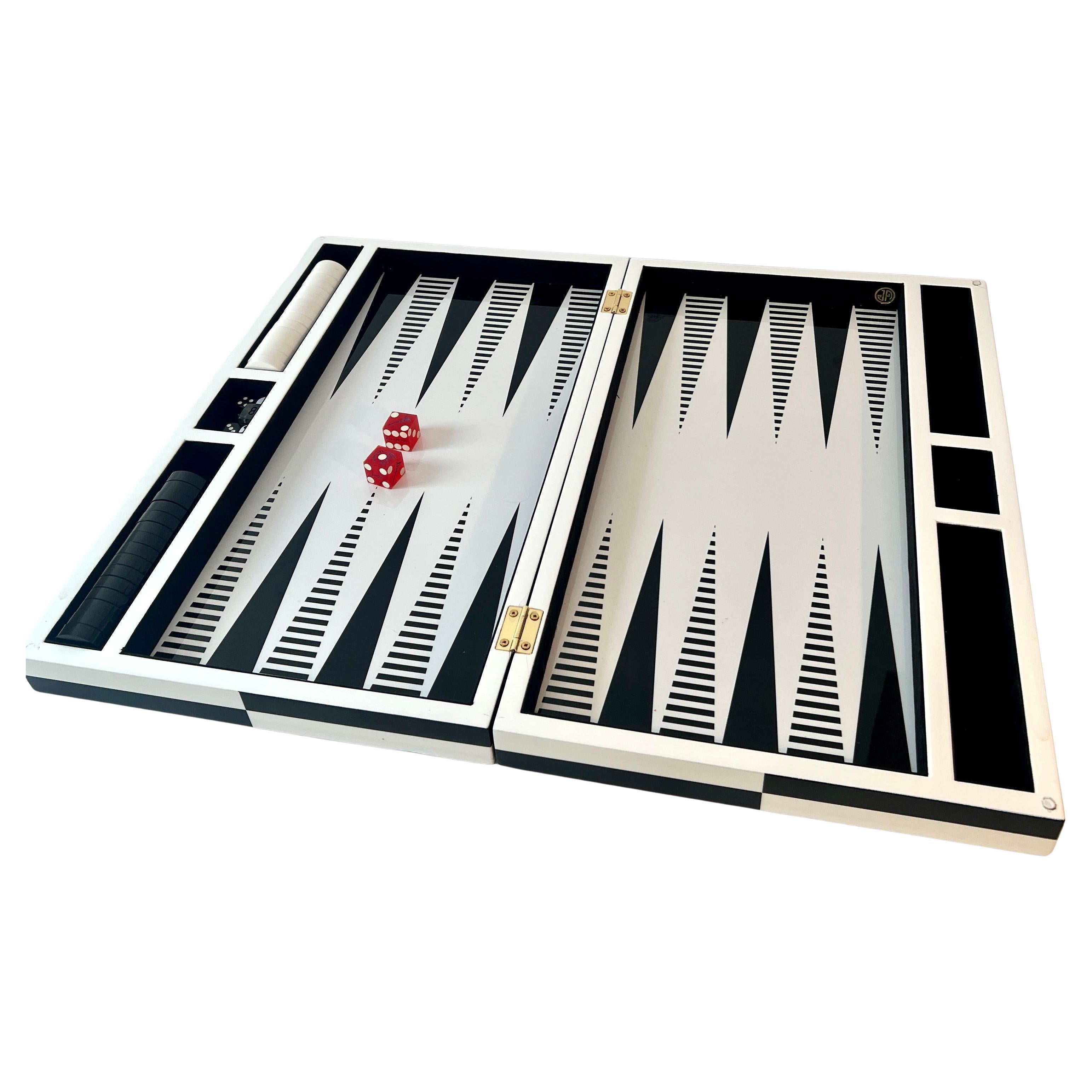 Optical Black and White Lacquer Hinged Backgammon Game