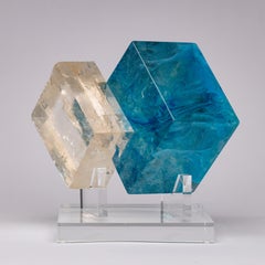 Optische Fusion-Skulptur aus Calcite und geriffeltem Glas auf Acrylsockel