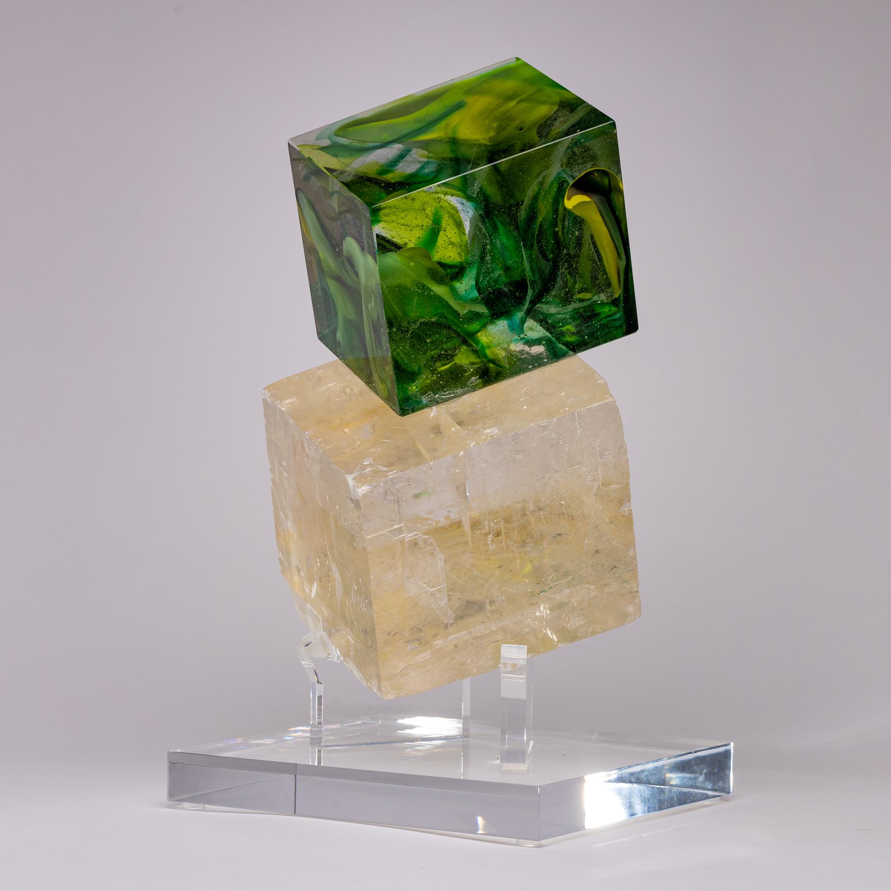 Organic Modern Optical Calcite and Boiled Glass Fusion Sculpture on Acrylic Base For Sale