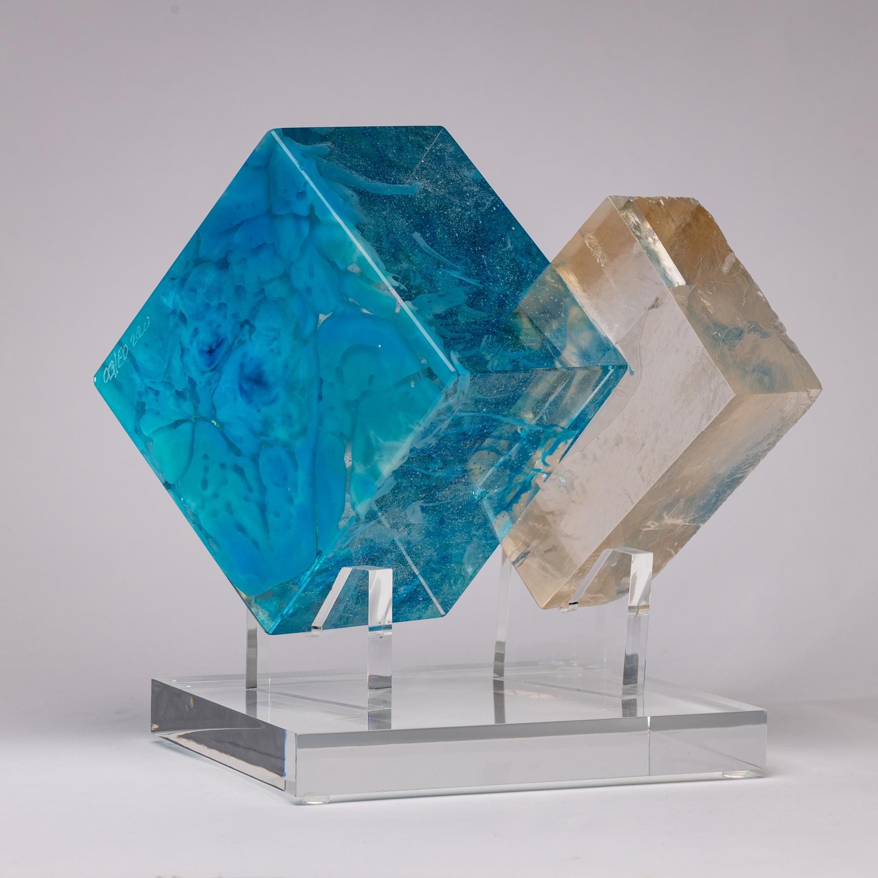 Organic Modern Optical Calcite and Boiled Glass Fusion Sculpture on Acrylic Base For Sale