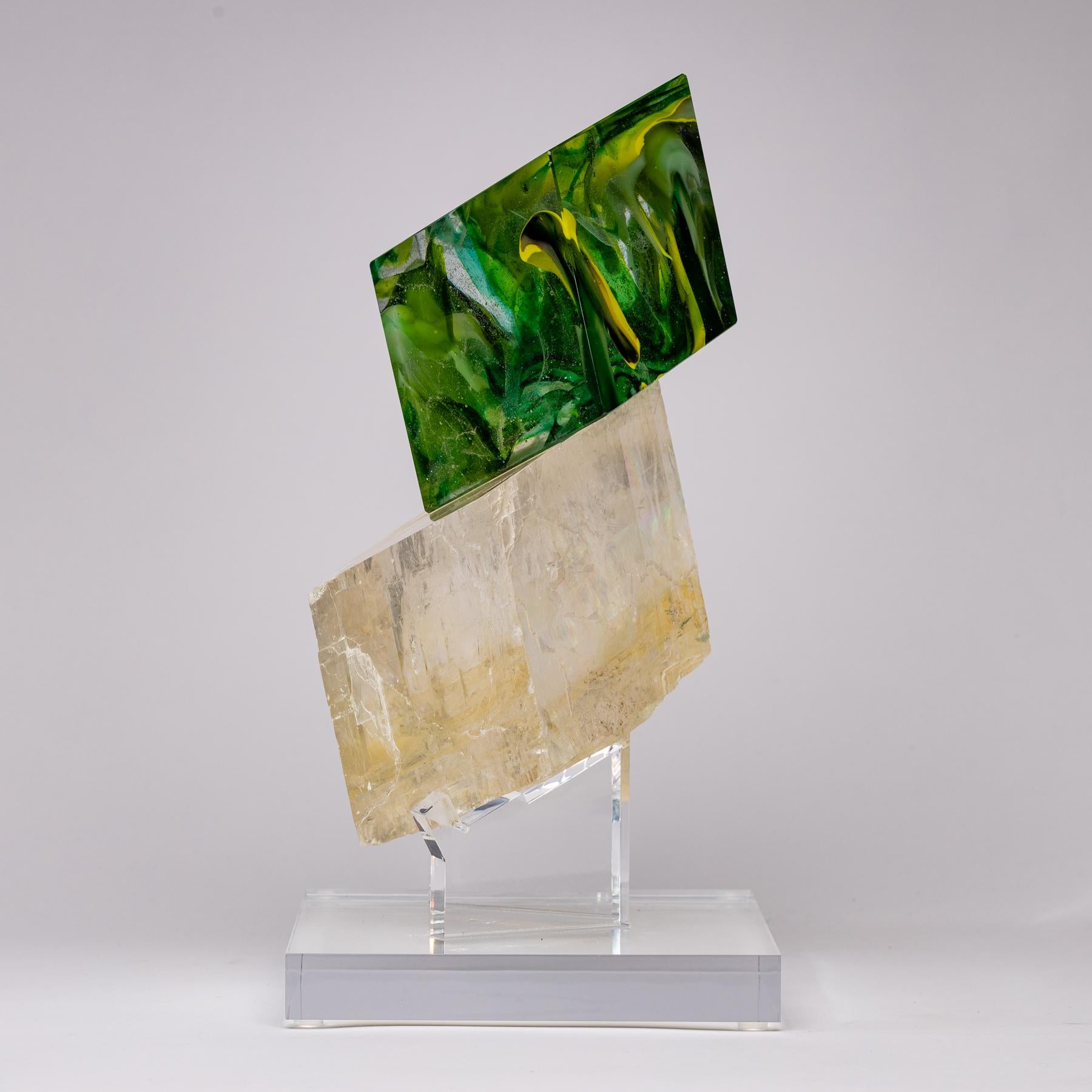 Mexican Optical Calcite and Boiled Glass Fusion Sculpture on Acrylic Base