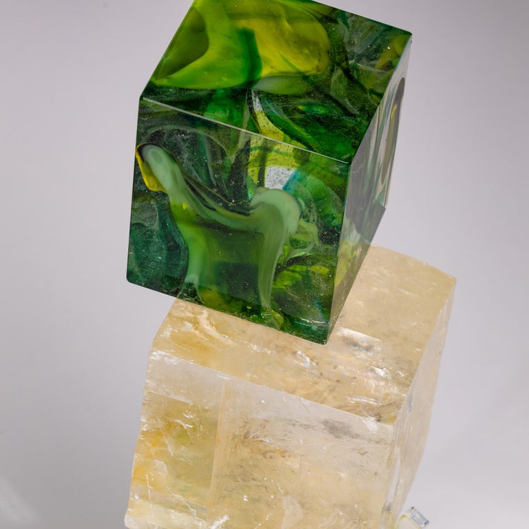 Contemporary Optical Calcite and Boiled Glass Fusion Sculpture on Acrylic Base For Sale