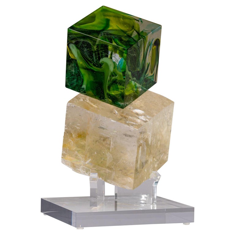 Optical Calcite and Boiled Glass Fusion Sculpture on Acrylic Base For Sale