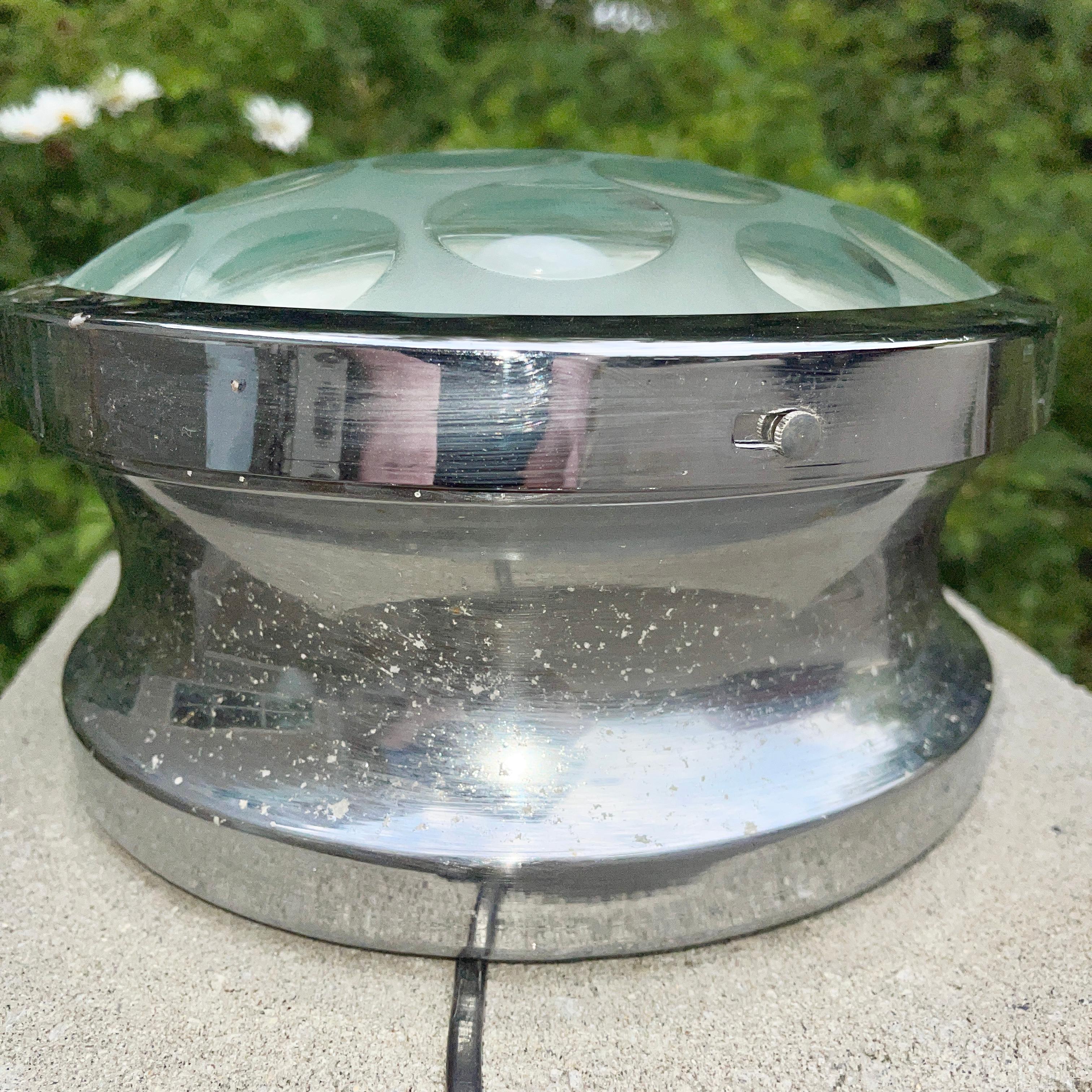 Optical Glass and Chrome Flush Mounted Light In Fair Condition For Sale In Hanover, MA
