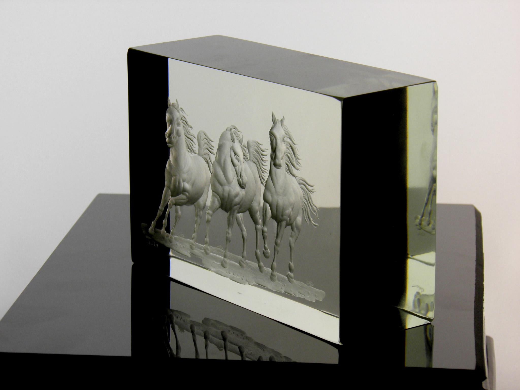 Contemporary Optical Glass Block Horse Motive Handcut Bohemian European
