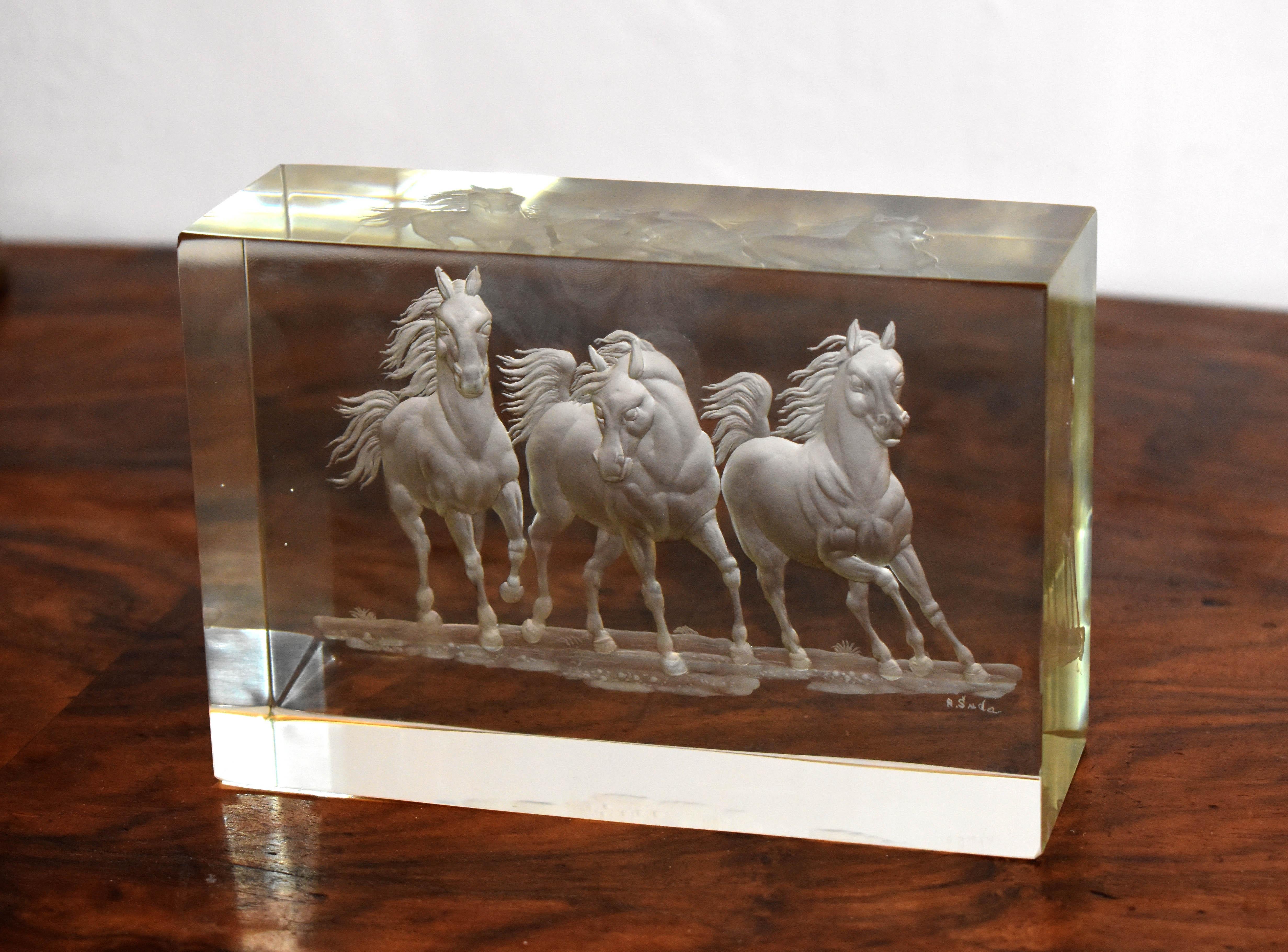 Cut Glass Optical Glass Block Horse Motive Handcut Bohemian European