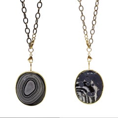 Optical Illusion Mexican Psilomelane Oval in Handmade 14K Gold Bezel Necklace