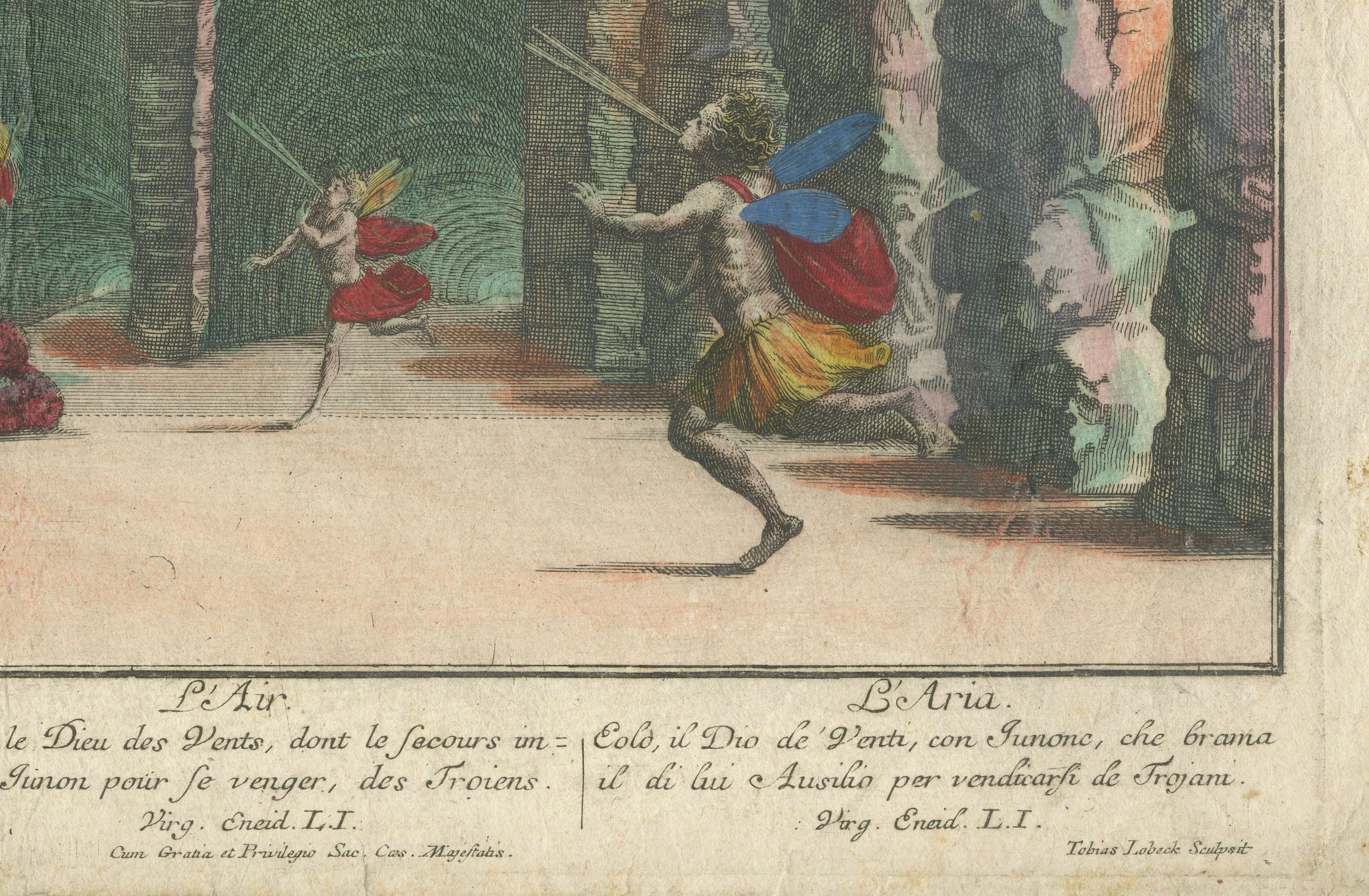 Allegory of the Air – 18th Century Optical Print after Burnacini

This vibrant and theatrical 18th-century optical print presents an allegorical representation of 'Air', rendered with striking hand-coloring to enhance its depth and visual impact