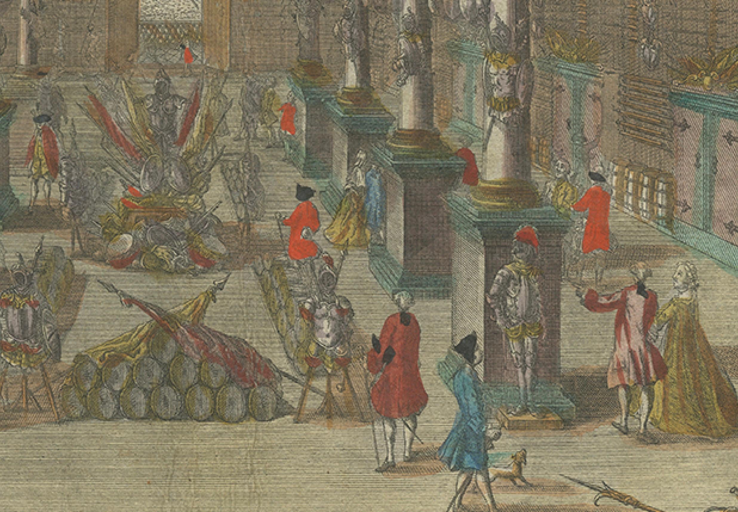 18th-Century Optical Print of an Arsenal Interior – Upper Hall with Arms Display

This remarkable hand-colored engraving from the mid-18th century presents a dramatic and meticulously detailed view of an upper-level hall in a grand European arsenal.